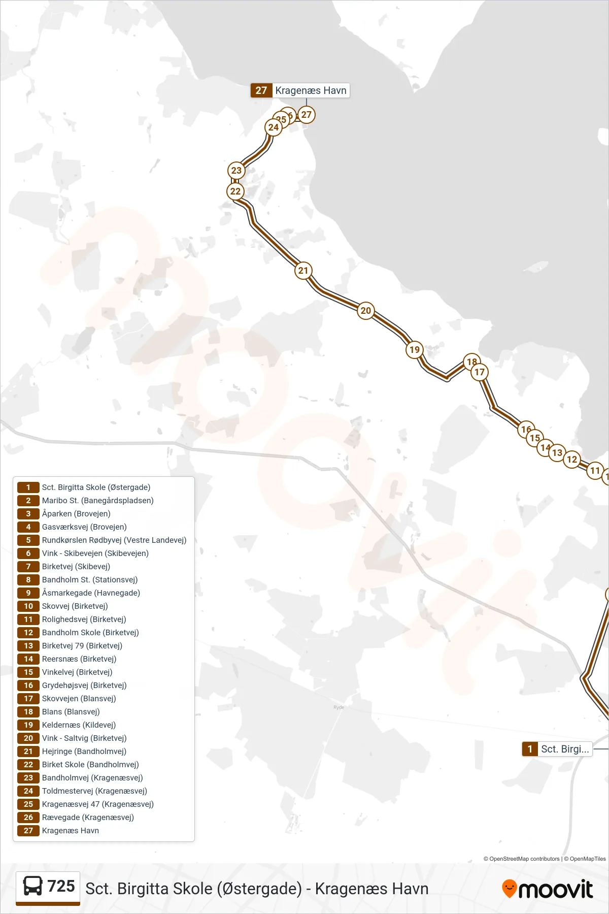 725 bus Linje (Kragenæs Havn) rute og stop på et kort