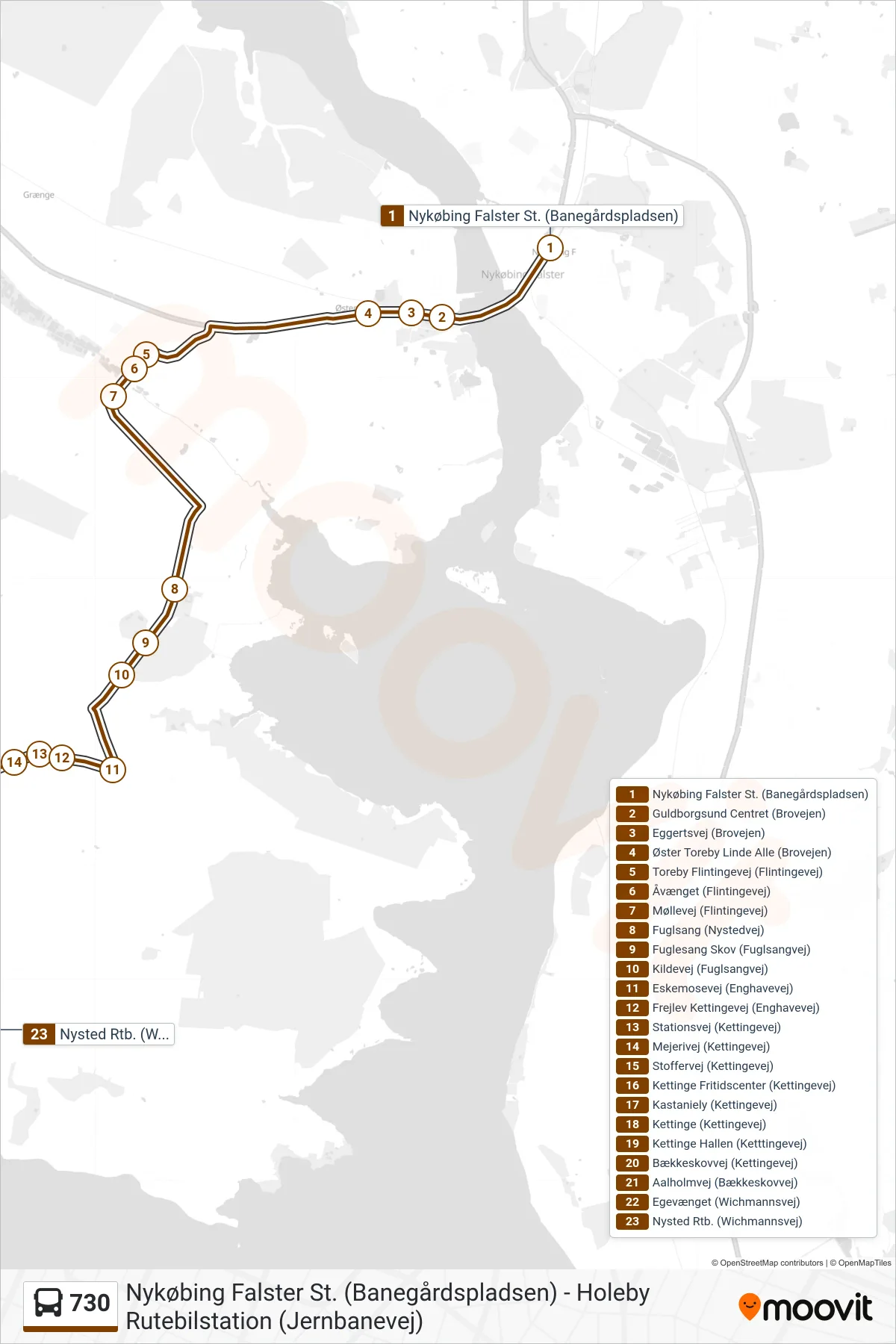 730 bus Line (Nysted) route and stops on a map