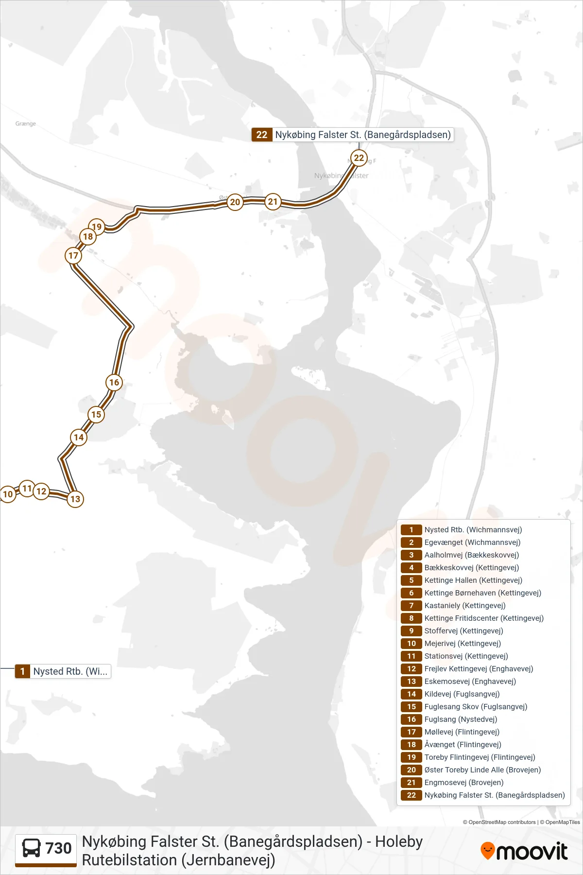 730 bus Linje (Nykøbing F St.) rute og stop på et kort