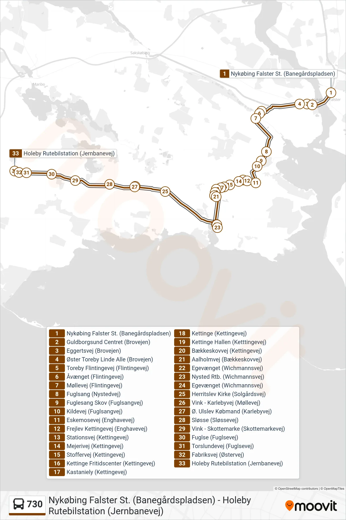 730 bus Line (Holeby Rutebilstation (Jernbanevej)) route and stops on a map