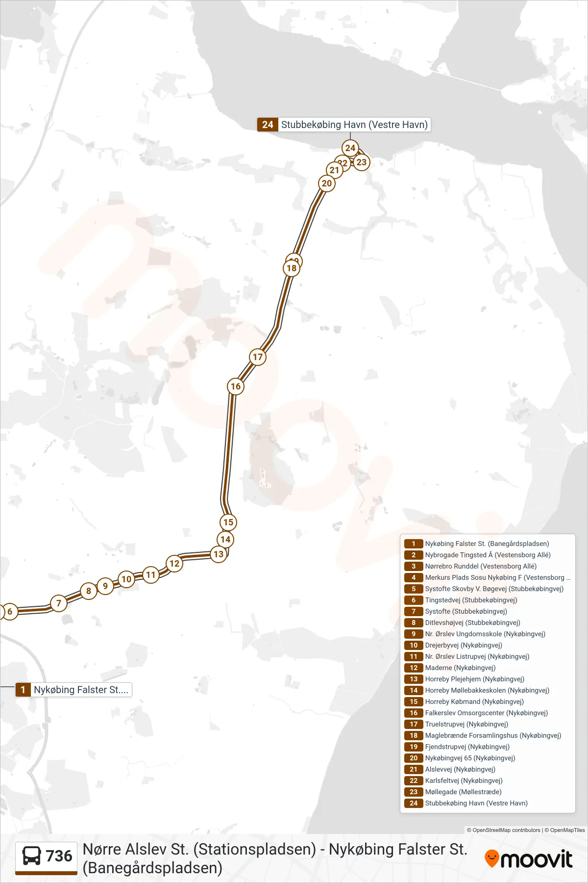 736 bus Linje (Stubbekøbing Havn) rute og stop på et kort