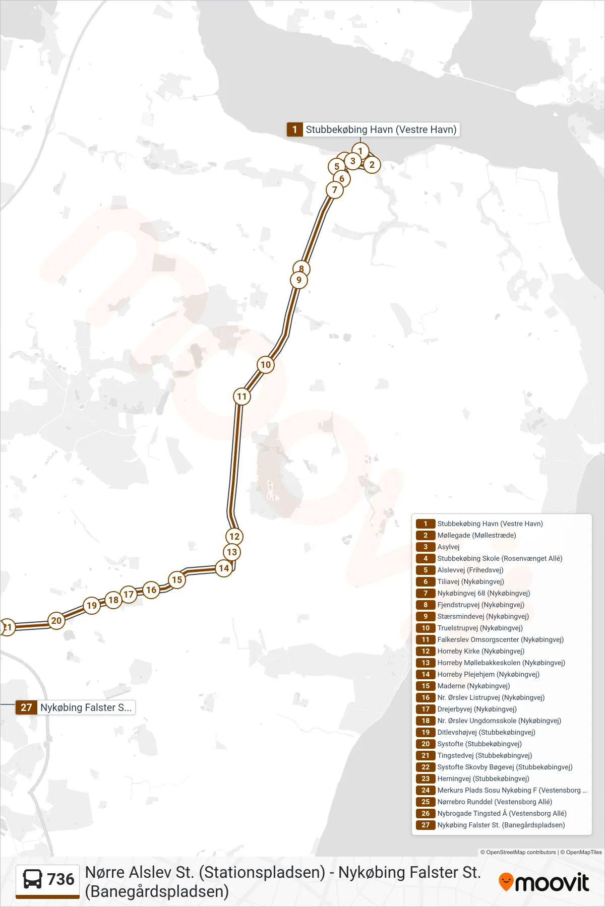 736 bus Linje (Nykøbing F St.) rute og stop på et kort