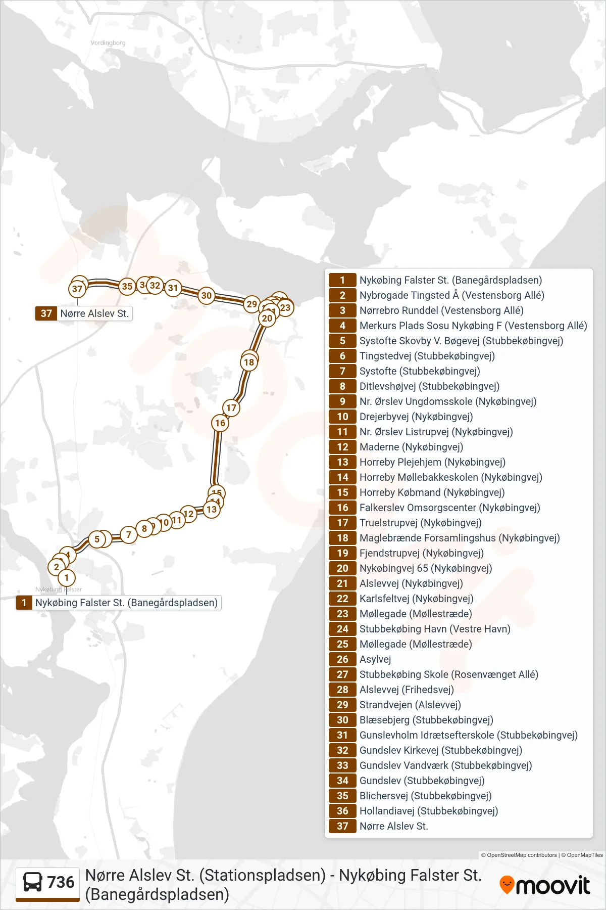 736 bus Line (Nørre Alslev St. (Stationspladsen)) route and stops on a map