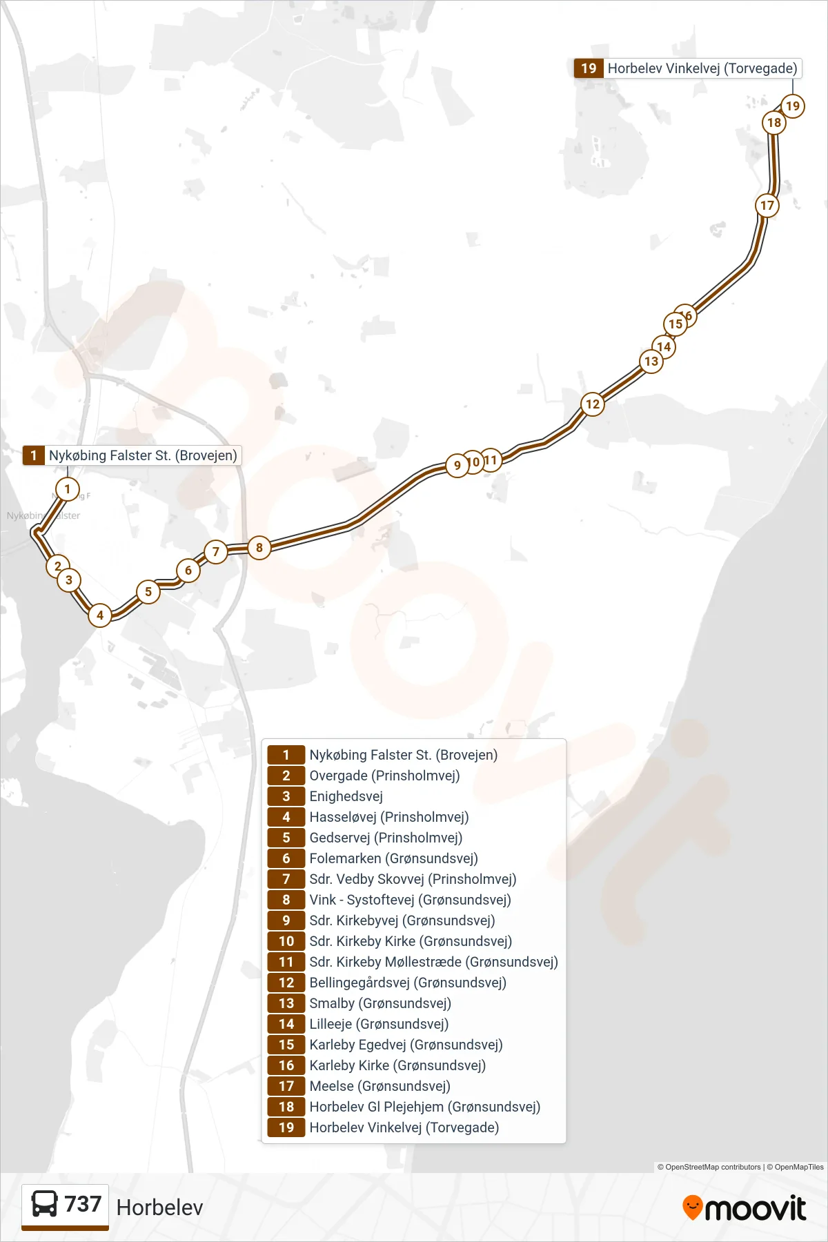 737 bus Linje (Horbelev) rute og stop på et kort