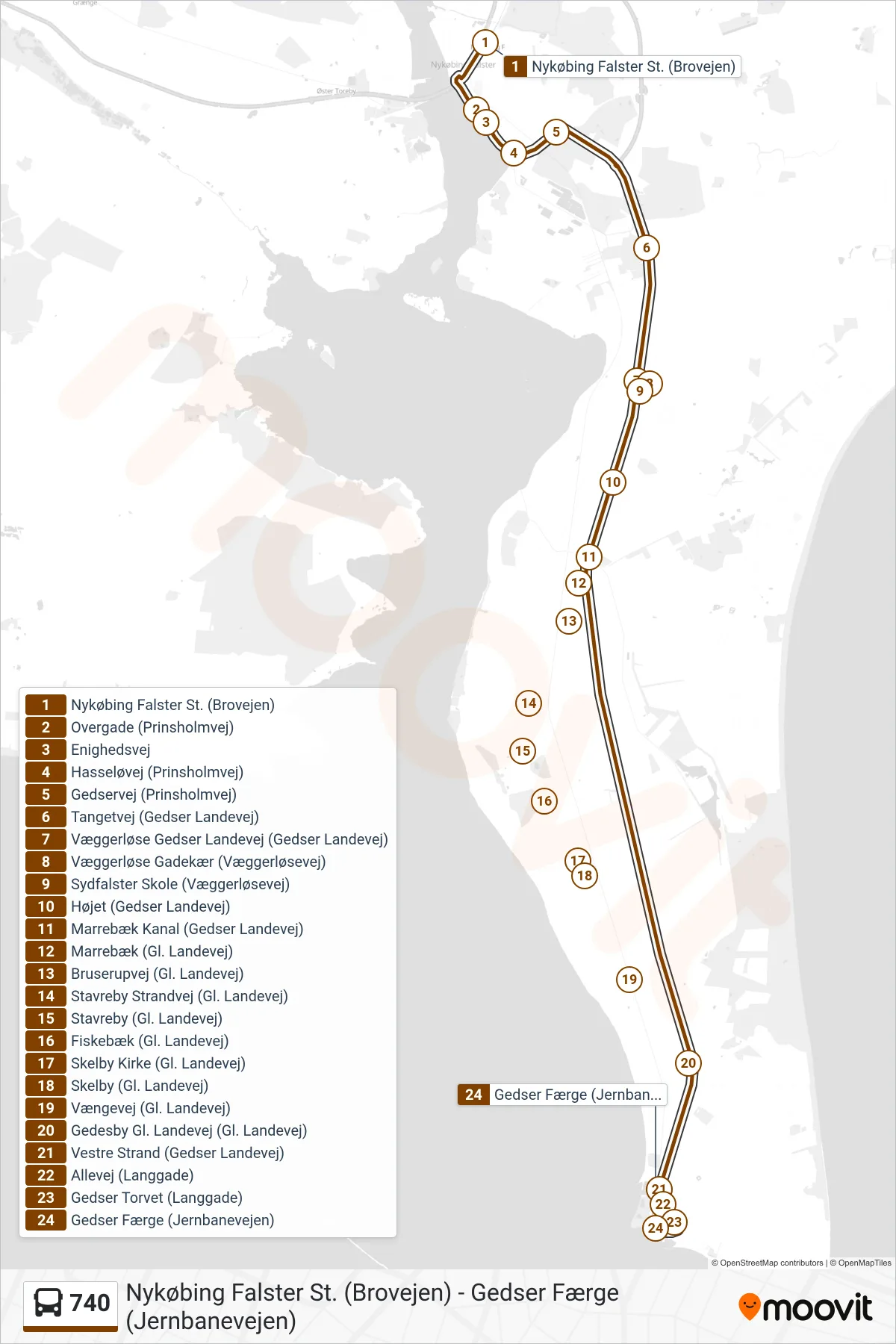 740 bus Linje (Gedser Færgehavn) rute og stop på et kort