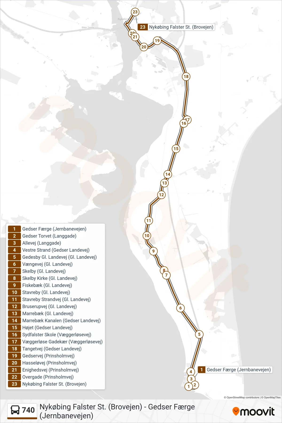 740 bus Linje (Nykøbing F St.) rute og stop på et kort
