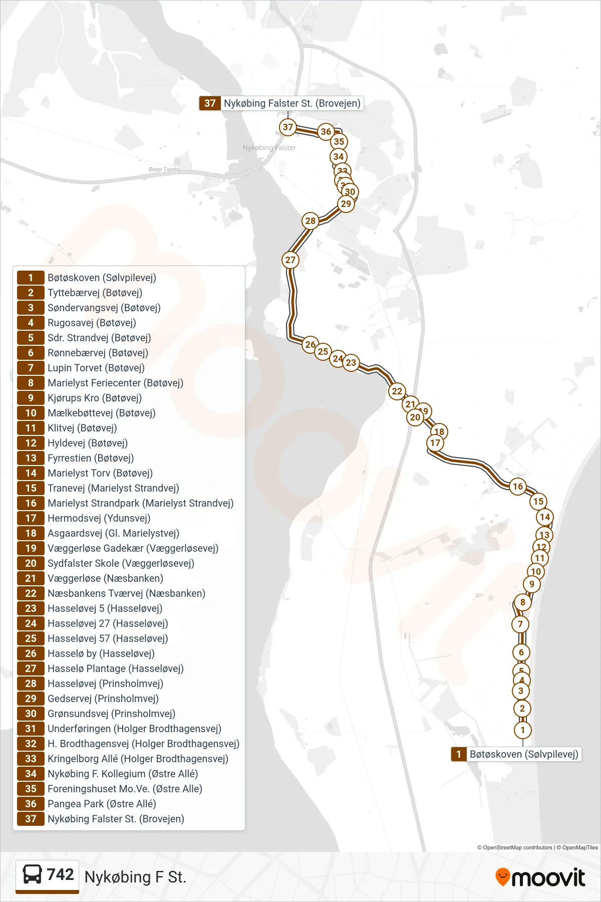 742 bus Linje (Nykøbing F St.) rute og stop på et kort
