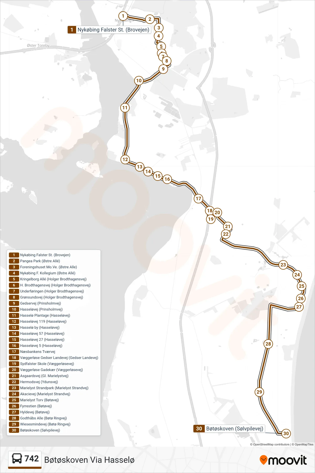 742 bus Linje (Bøtøskoven Via Hasselø) rute og stop på et kort