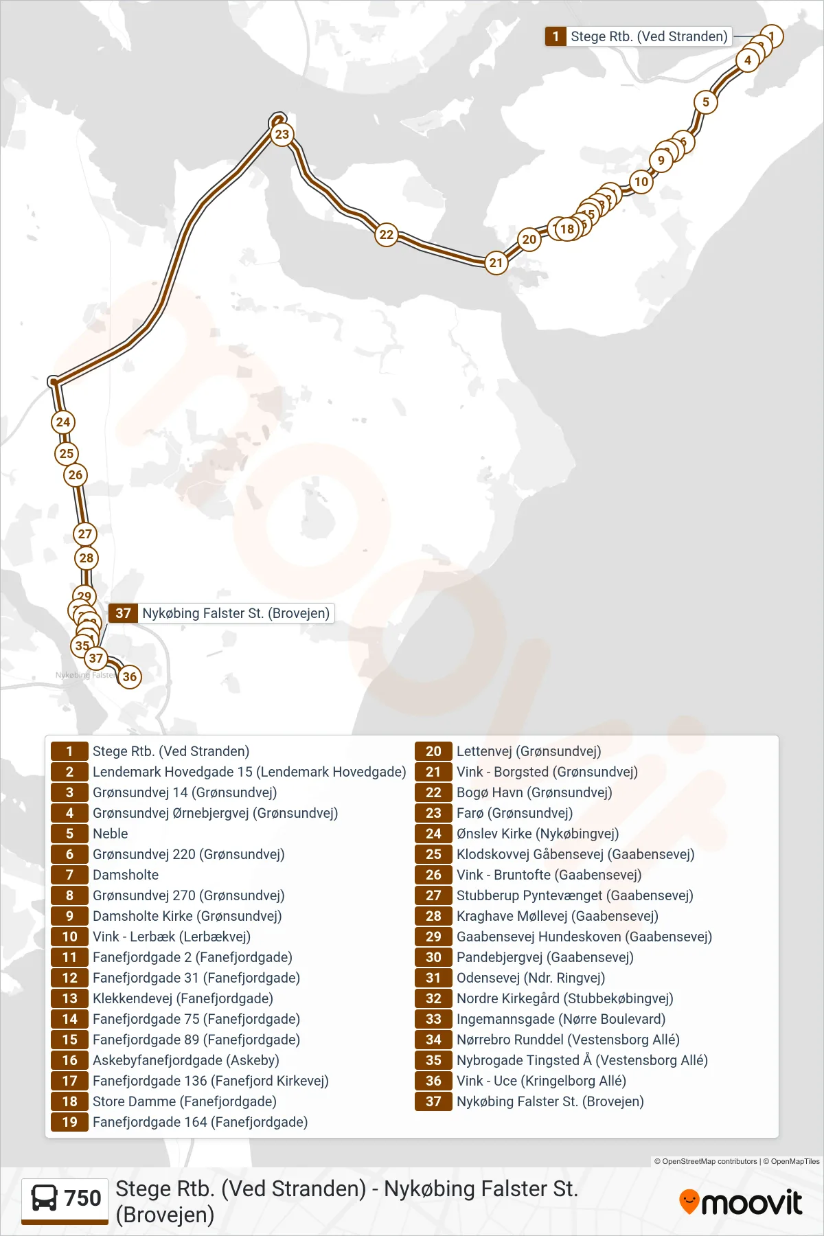750 bus Linje (Nykøbing F St.) rute og stop på et kort