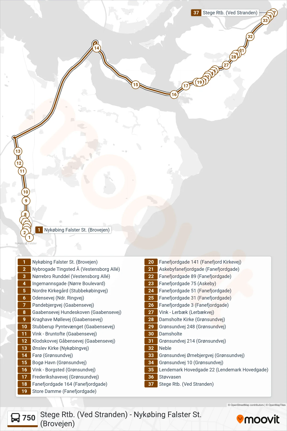 750 bus Linje (Stege) rute og stop på et kort