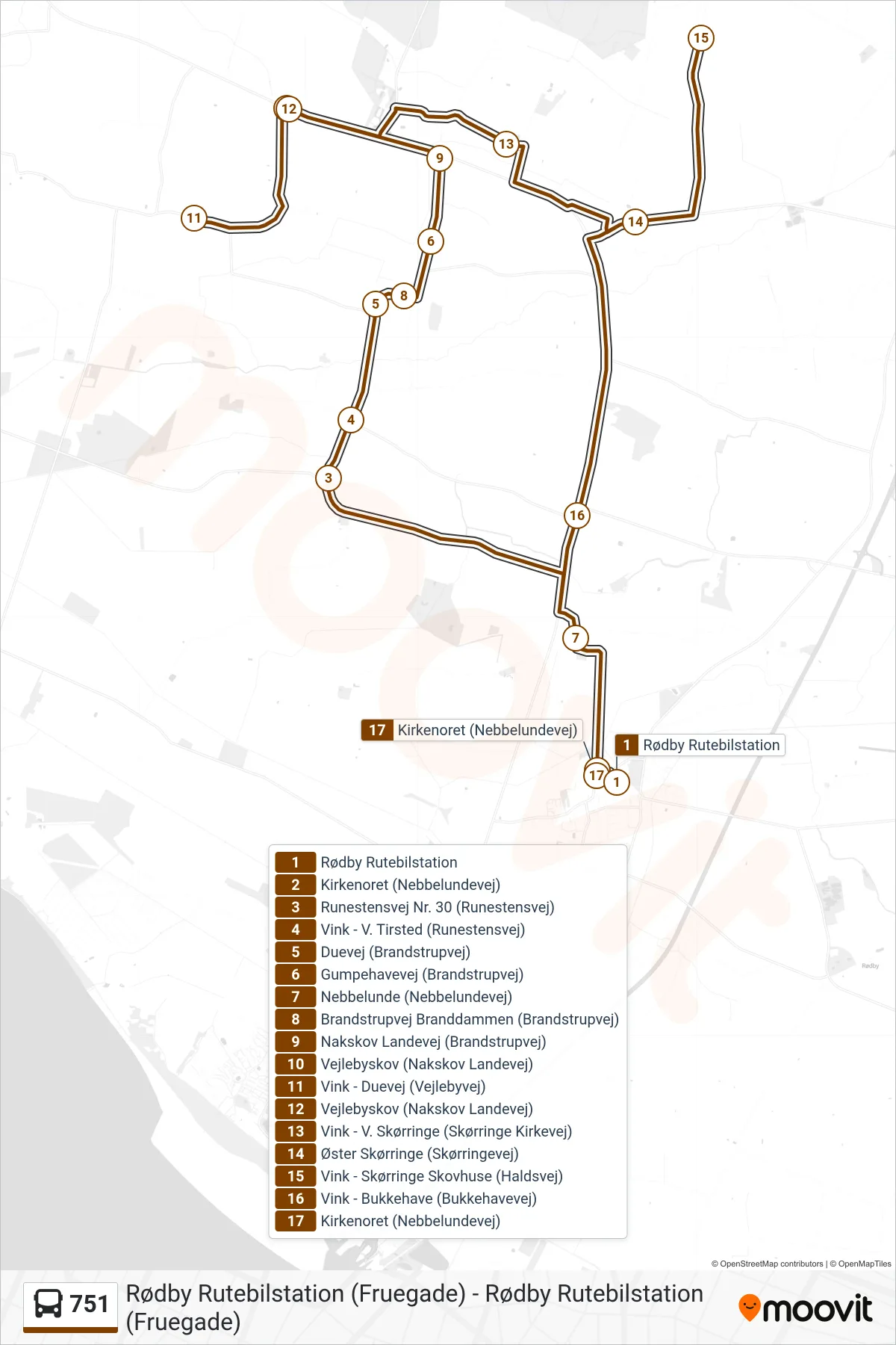 751 bus Linje (Rødby Rutebilstation) rute og stop på et kort