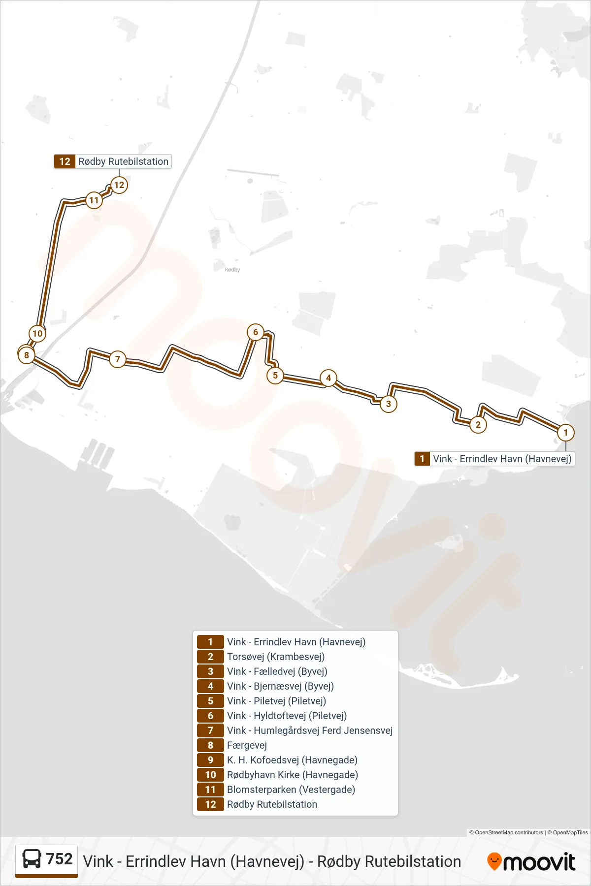 752 bus Linje (Rødby Rutebilstation) rute og stop på et kort