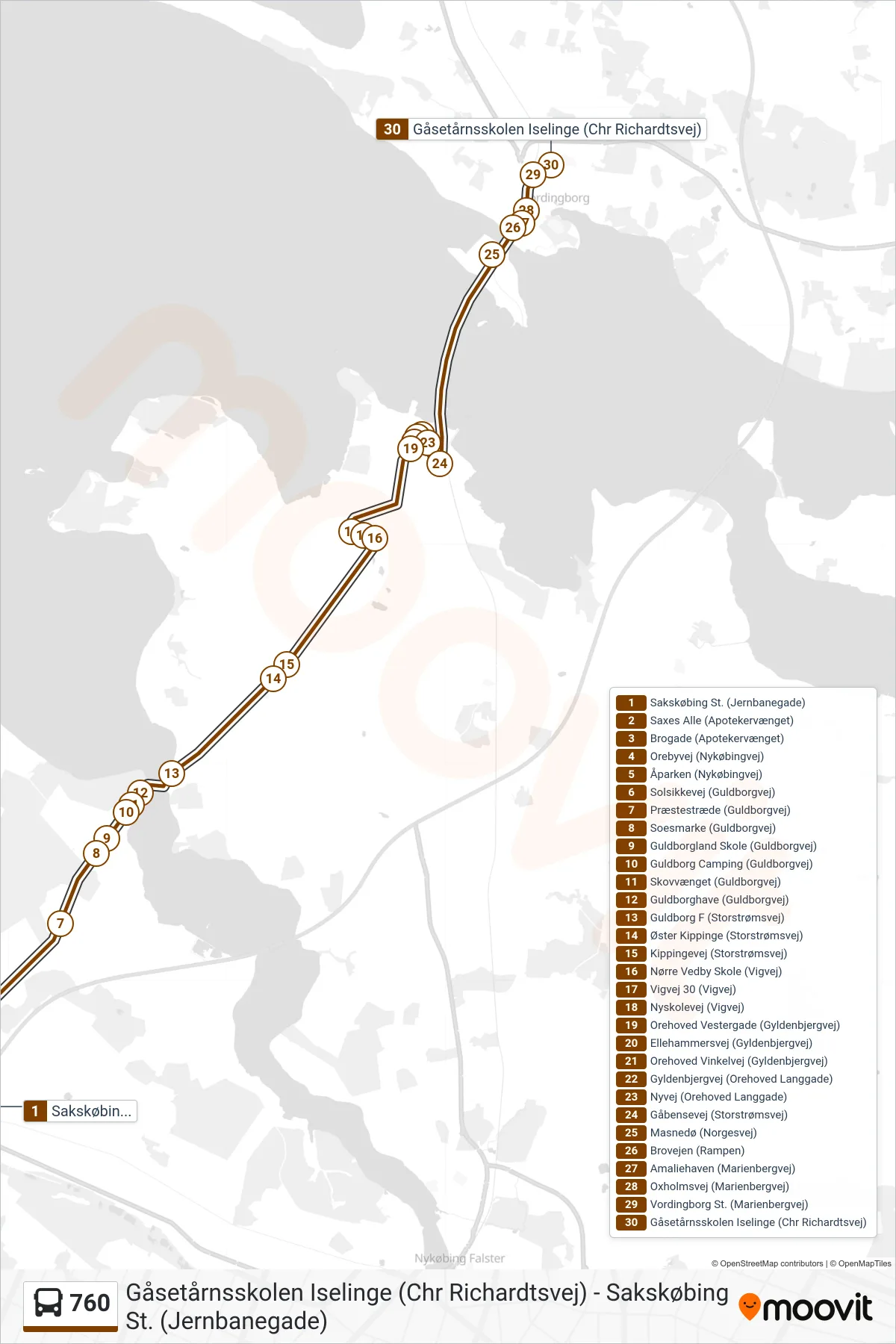 760 bus Linje (Vordingborg Uddannelsescenter) rute og stop på et kort