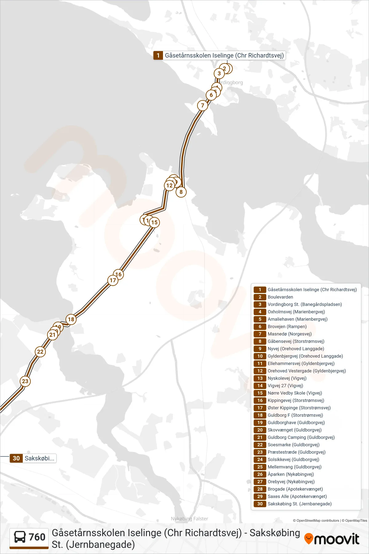 760 bus Line (Sakskøbing St.) route and stops on a map