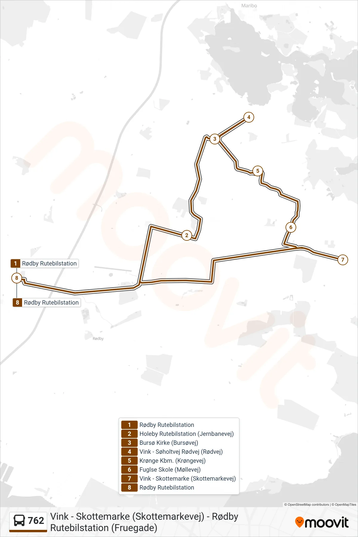 762 bus Linje (Rødby Rutebilstation) rute og stop på et kort