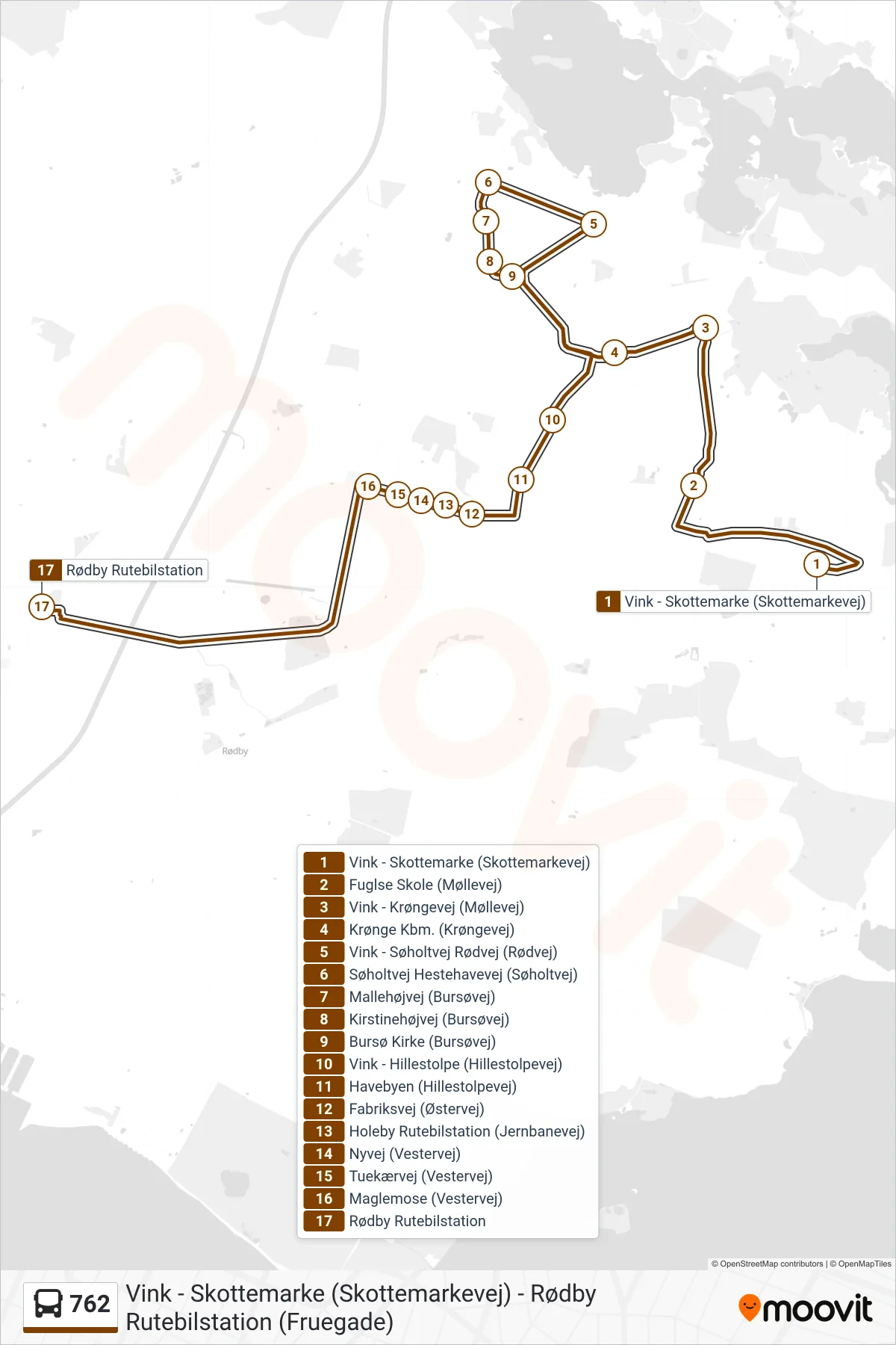 762 bus Linje (Rødby Rutebilstation) rute og stop på et kort