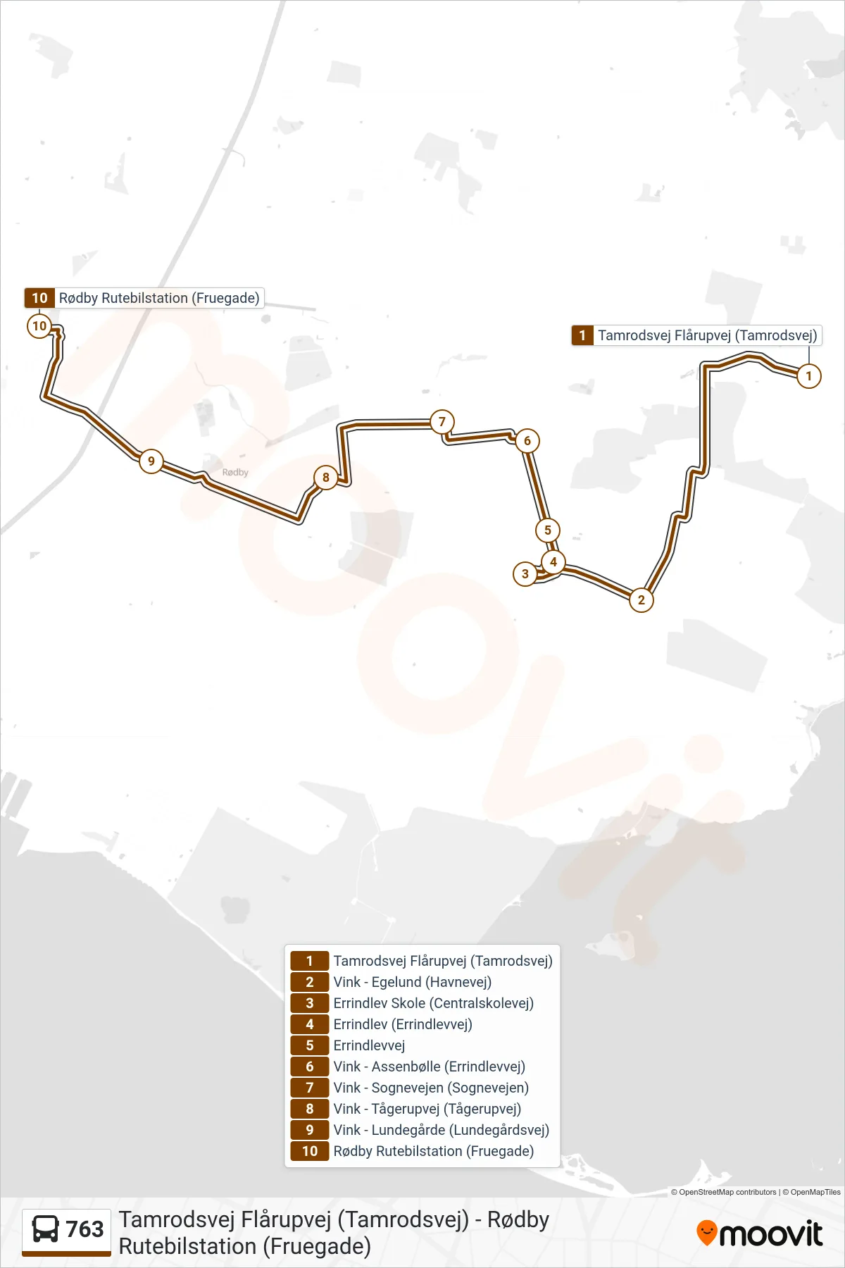 763 bus Linje (Rødby Rutebilstation) rute og stop på et kort