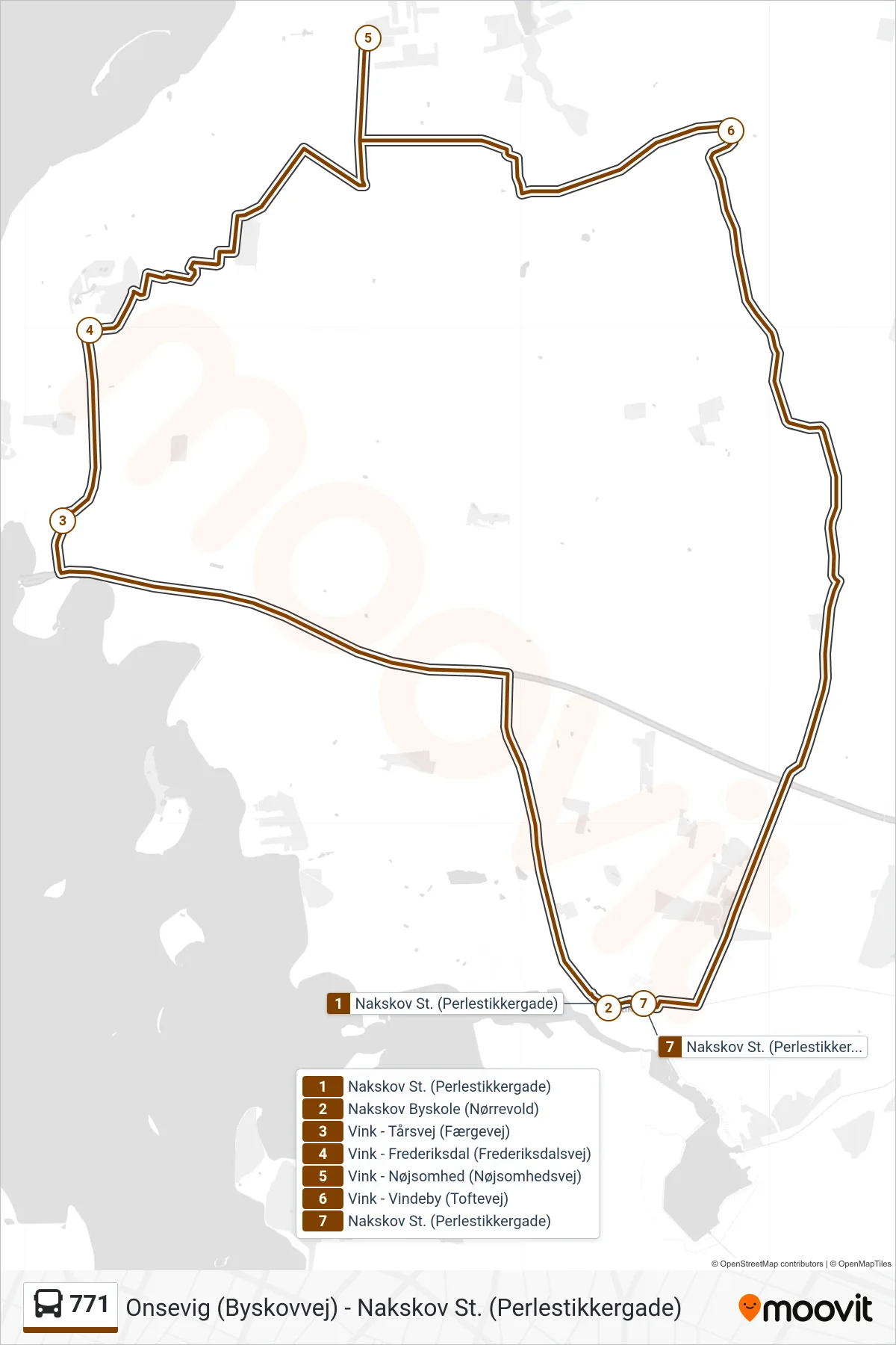 771 bus Linje (Nakskov St.) rute og stop på et kort