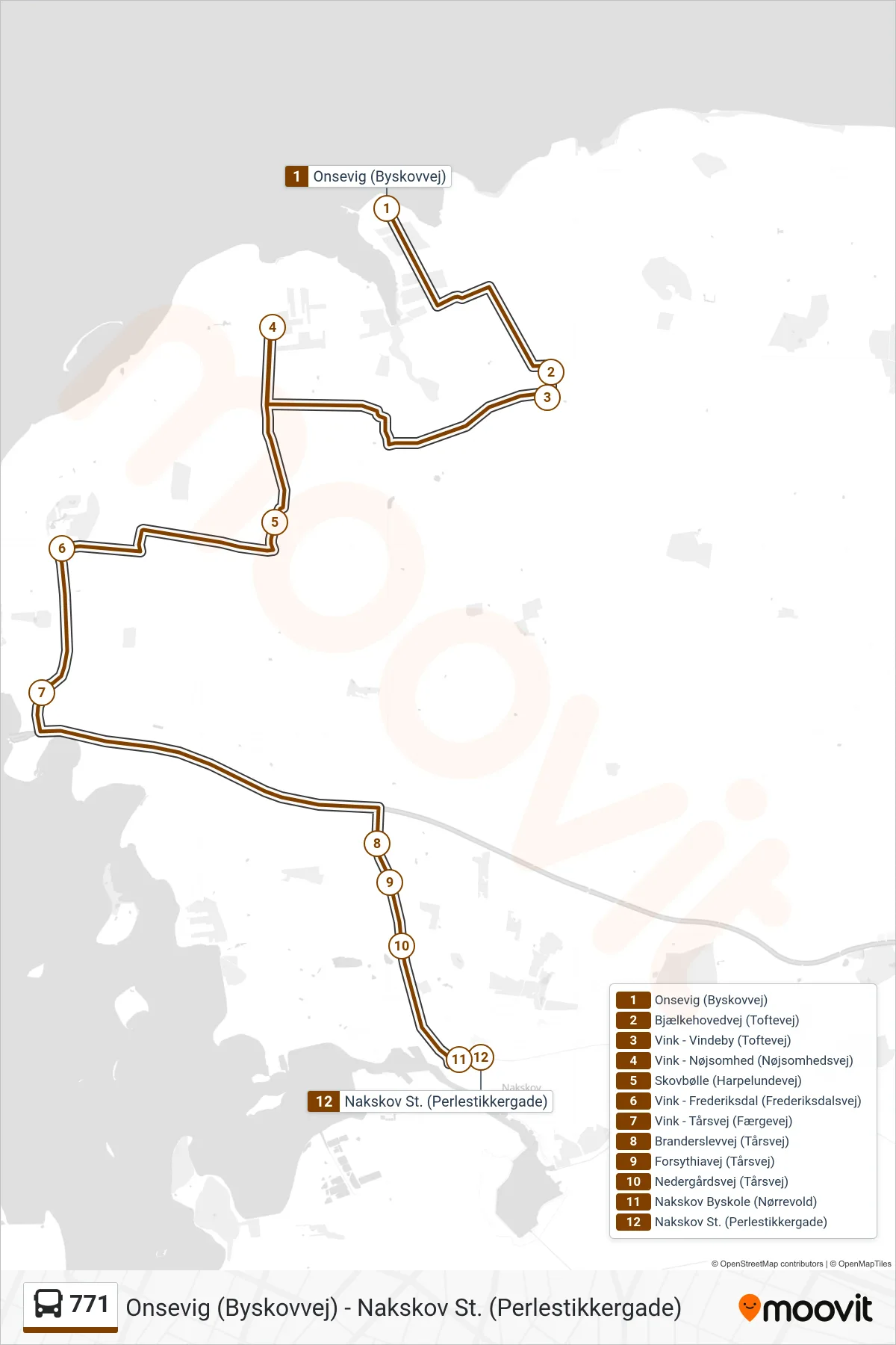 771 bus Linje (Nakskov St.) rute og stop på et kort