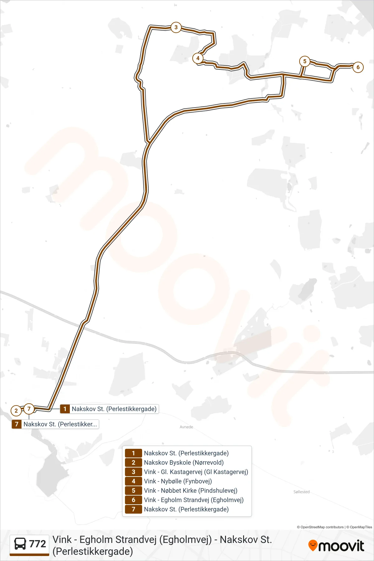 772 bus Linje (Nakskov St.) rute og stop på et kort