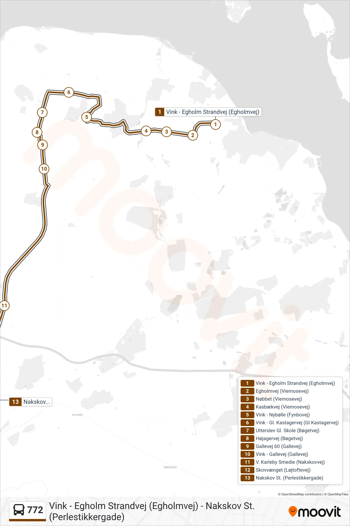772 bus Line (Nakskov St.) route and stops on a map