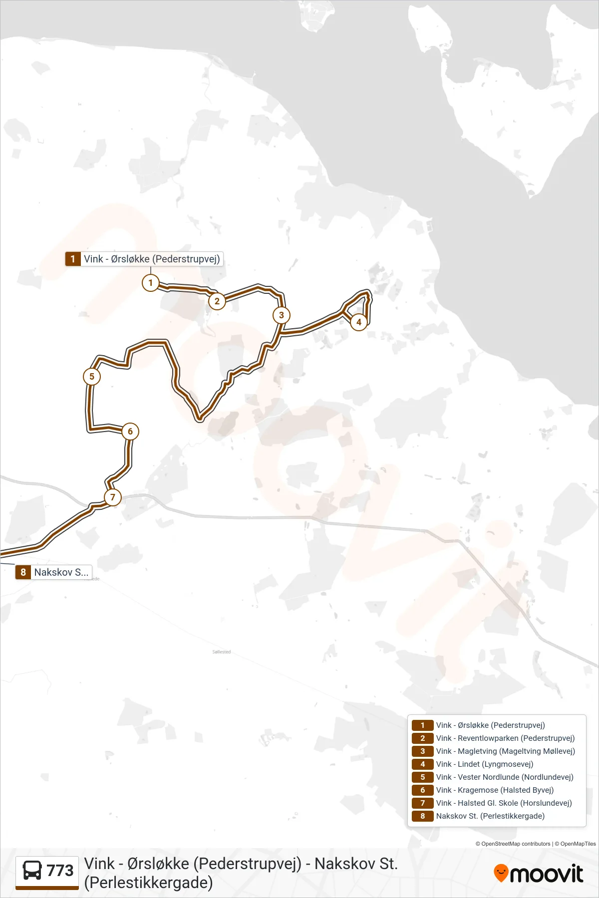 773 bus Linje (Nakskov St.) rute og stop på et kort