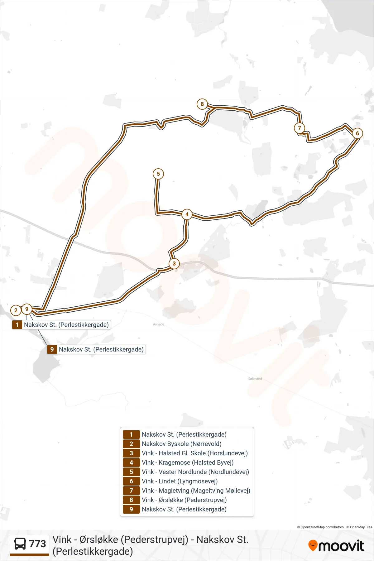 773 bus Line (Nakskov St.) route and stops on a map