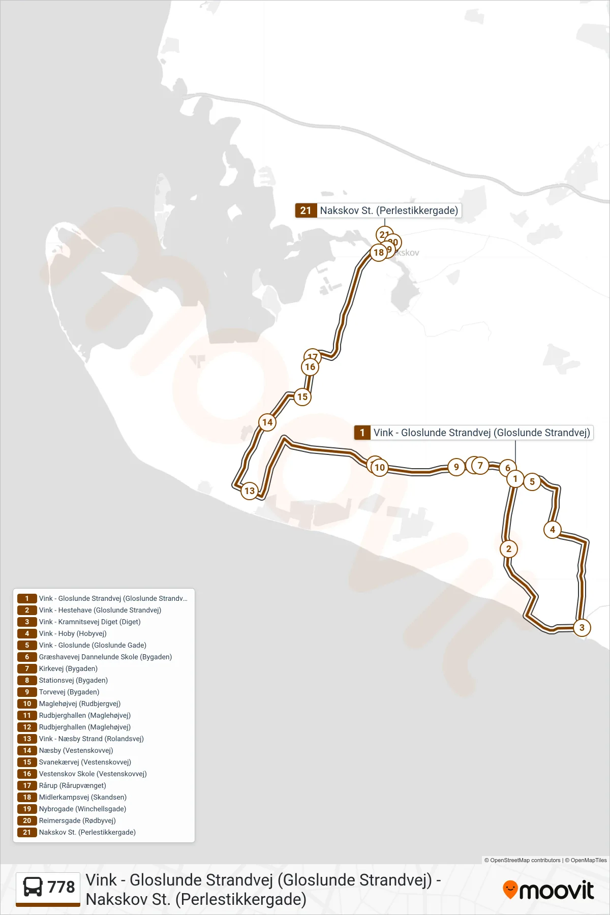 778 bus Linje (Nakskov St.) rute og stop på et kort