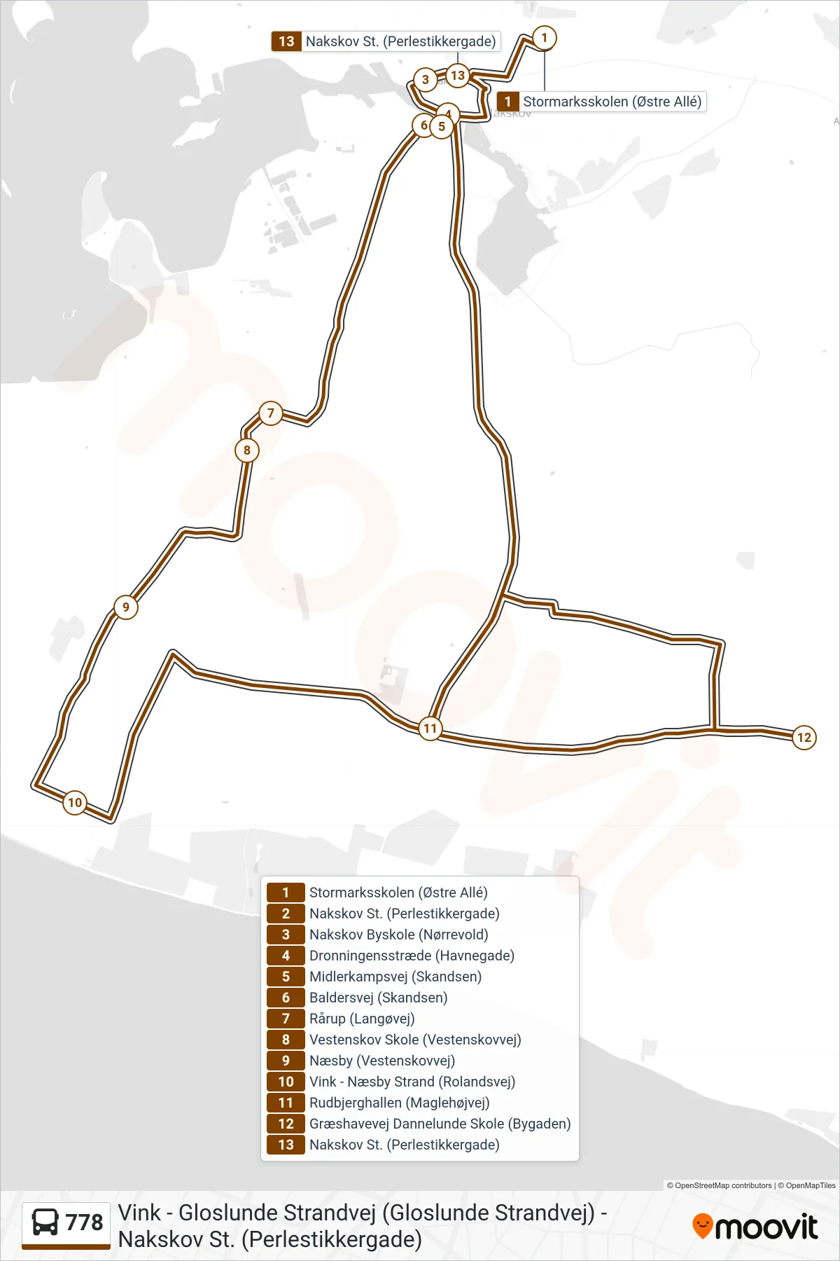 778 bus Linje (Nakskov St.) rute og stop på et kort