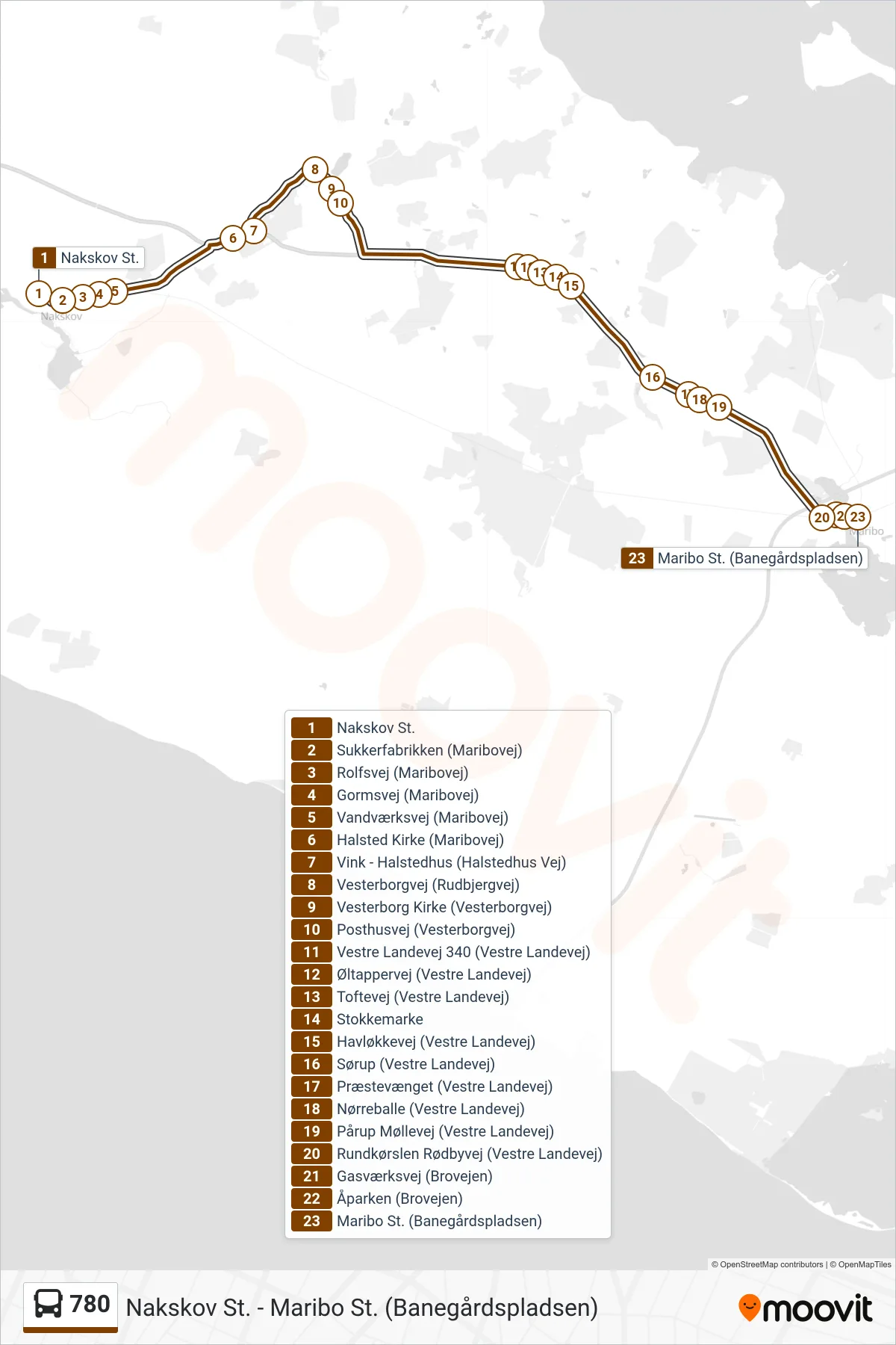 780 bus Linje (Maribo St.) rute og stop på et kort