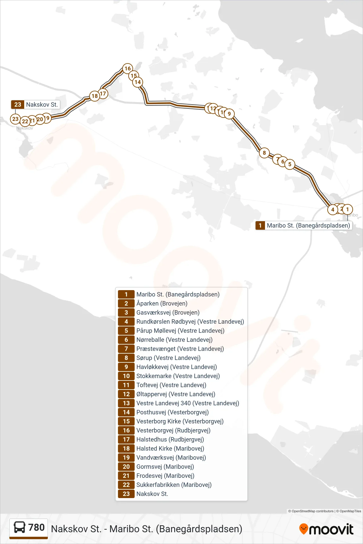 780 bus Linje (Nakskov St.) rute og stop på et kort