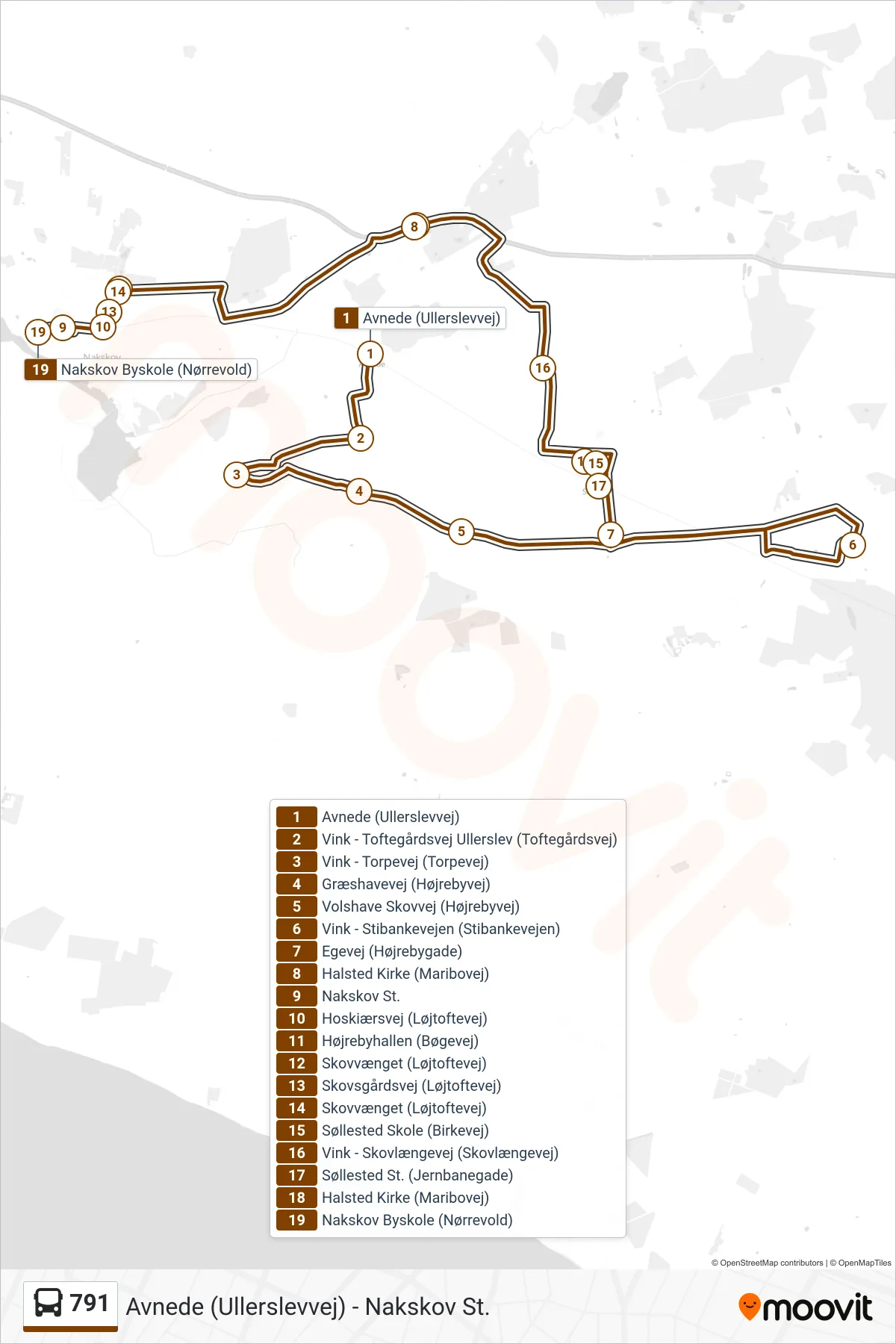 791 bus Linje (Nakskov St.) rute og stop på et kort