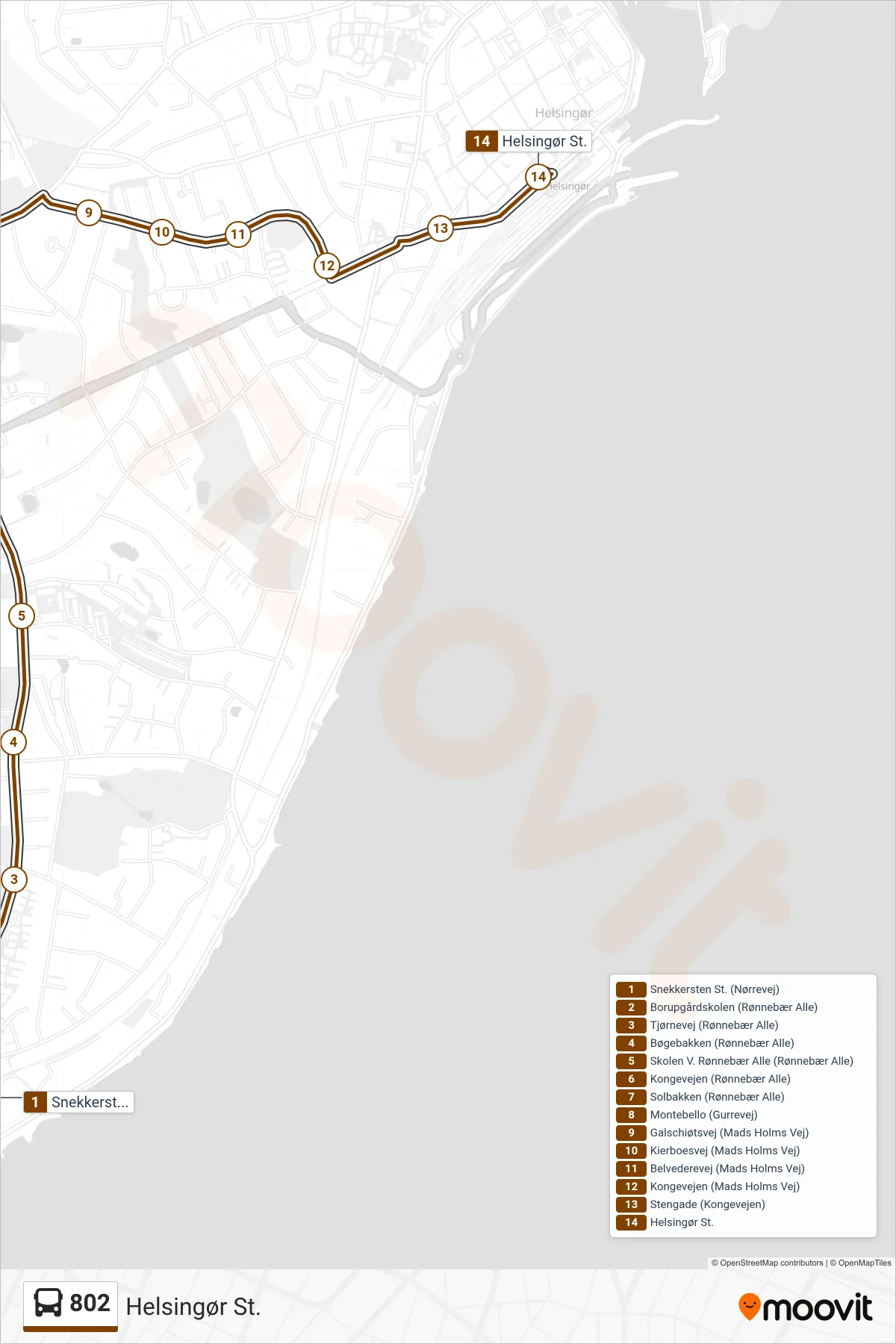 802 bus Line (Helsingør St.) route and stops on a map