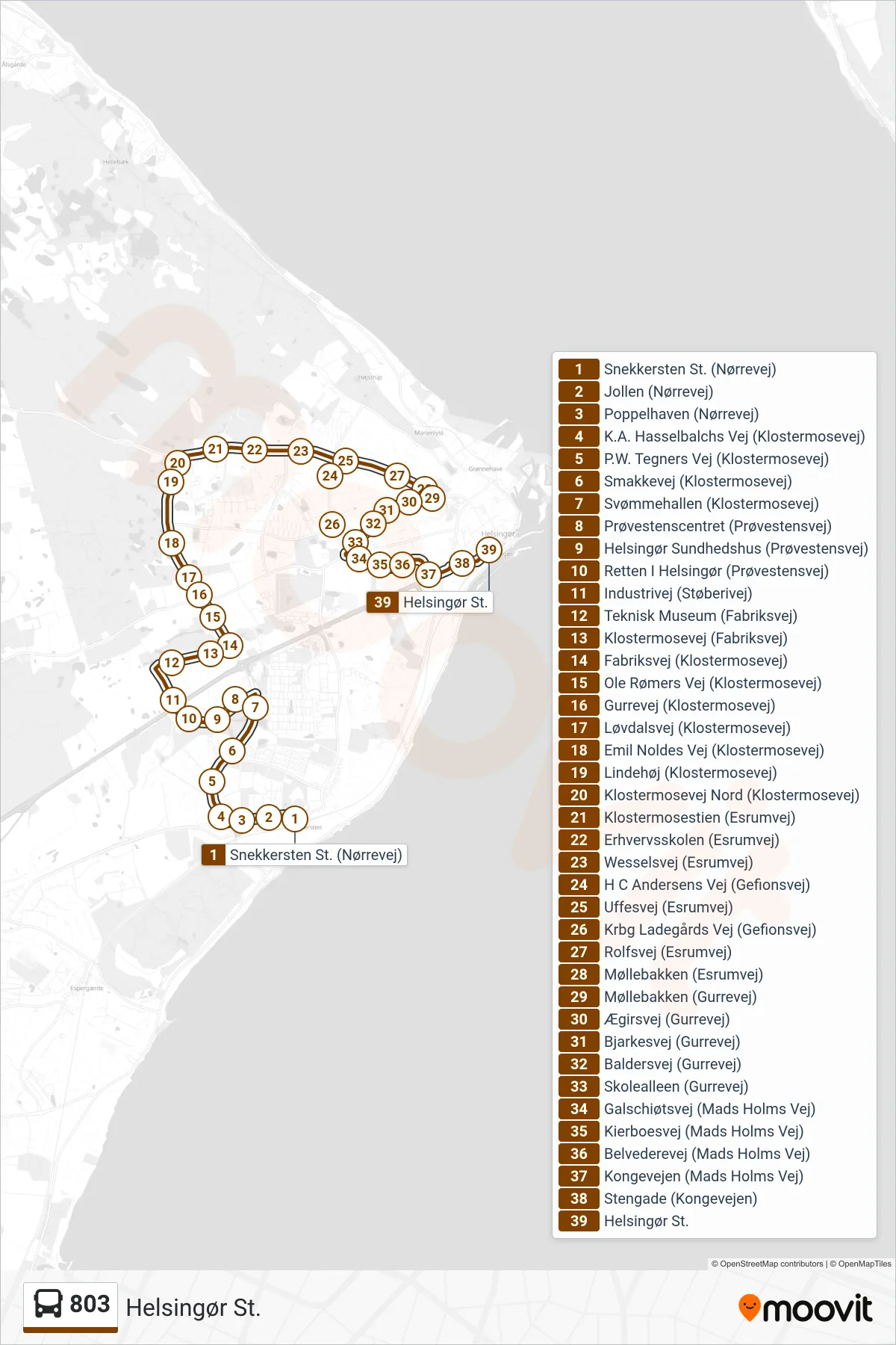 803 bus Linje (Helsingør St.) rute og stop på et kort