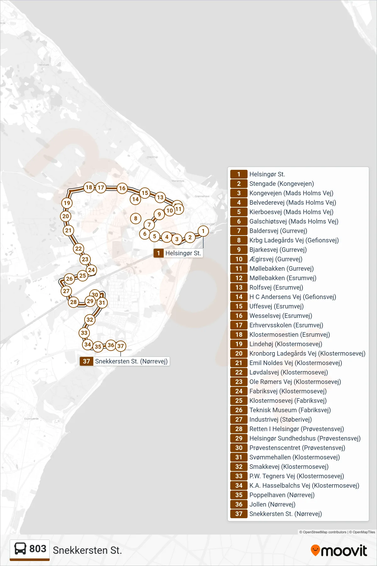 803 bus Linje (Snekkersten St.) rute og stop på et kort