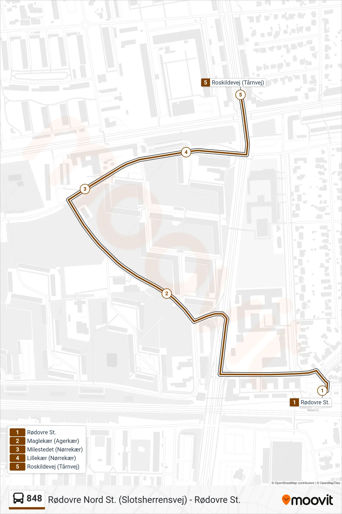 848 bus Linje (Lillekær) rute og stop på et kort