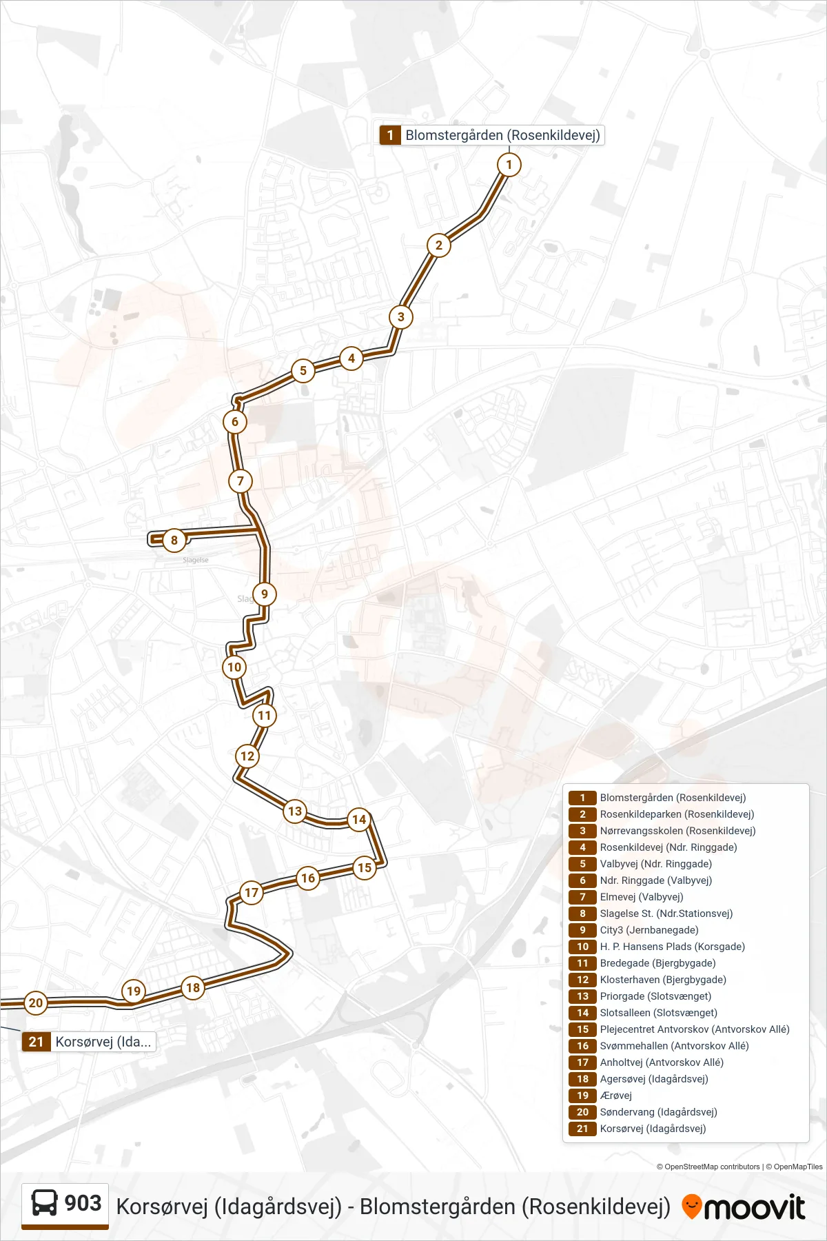903 bus Linje (Korsørvej) rute og stop på et kort
