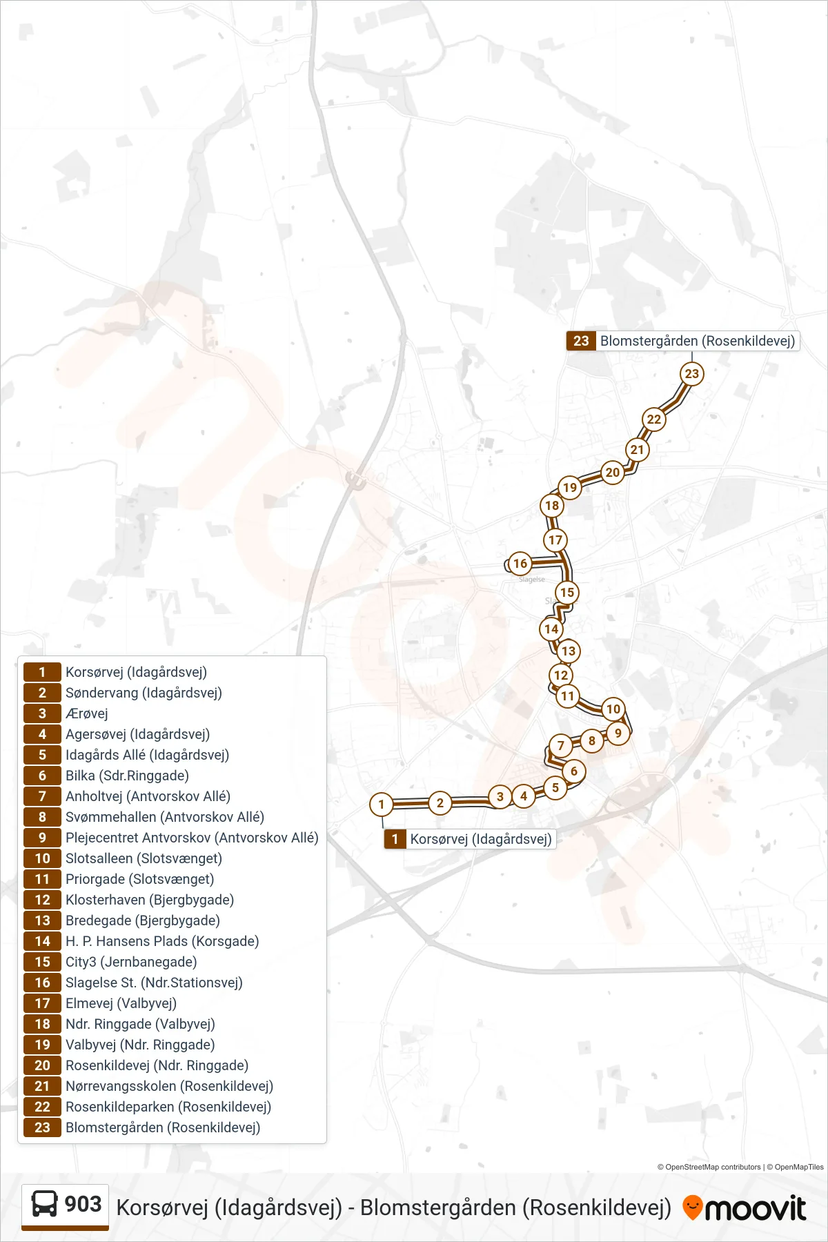 903 bus Linje (Blomstergården) rute og stop på et kort