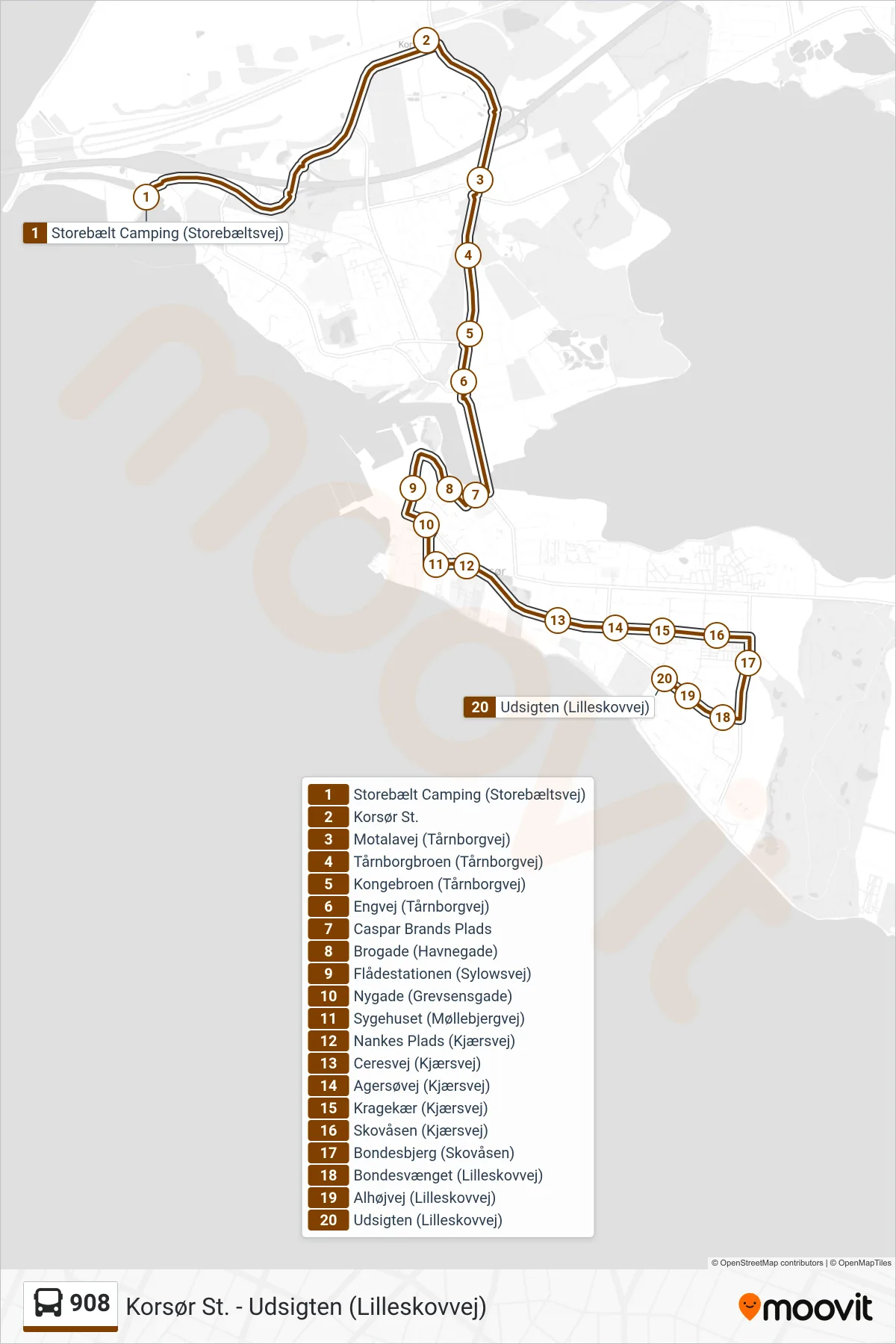 908 bus Linje (Udsigten) rute og stop på et kort