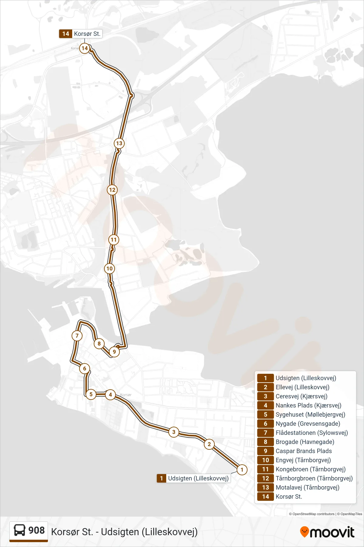 908 bus Linje (Korsør St.) rute og stop på et kort