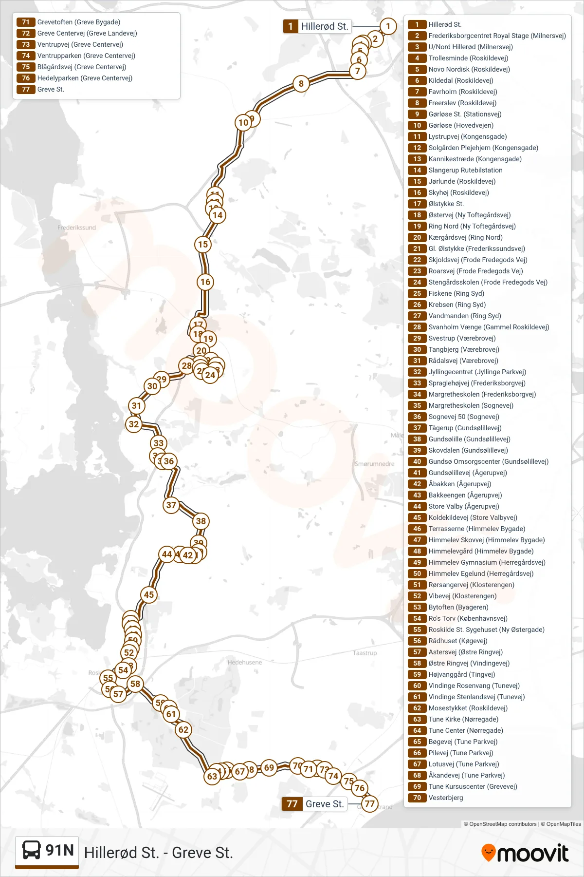 91N bus Linje (Greve St.) rute og stop på et kort