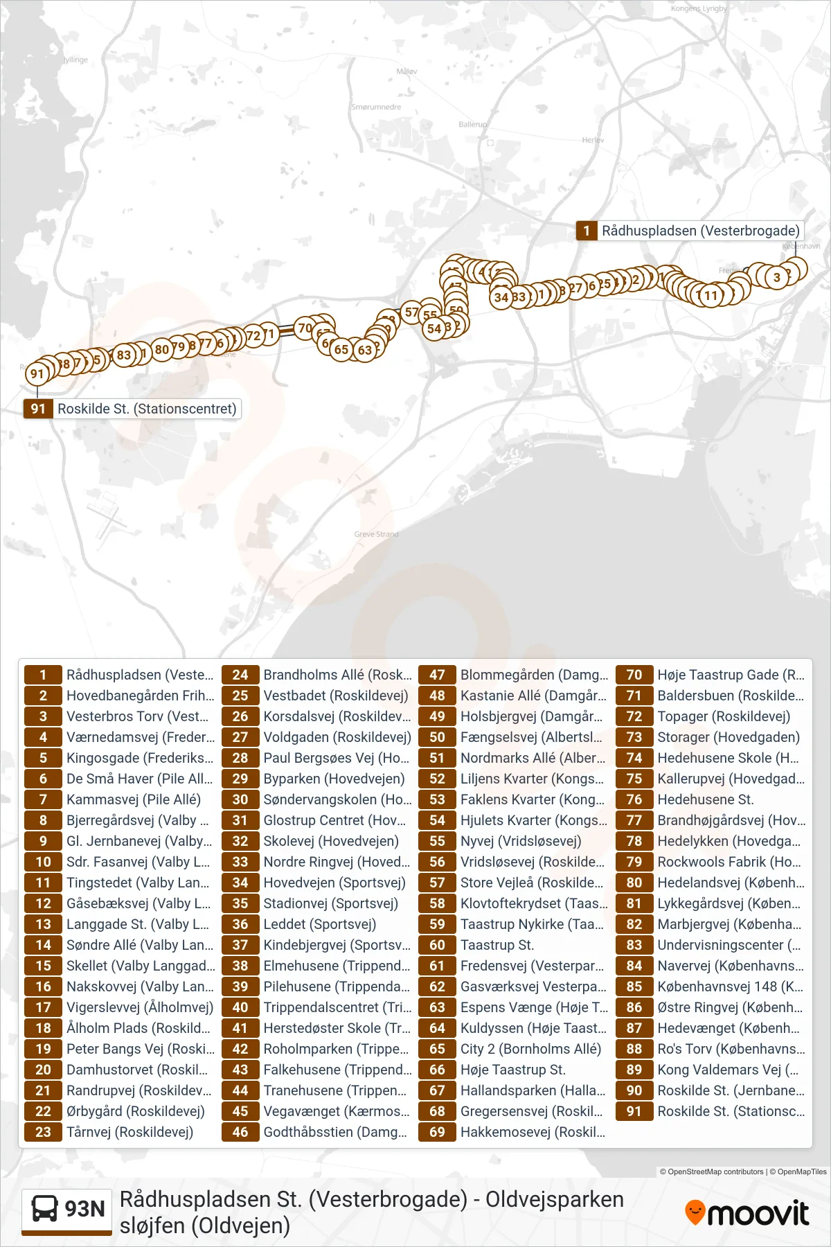 93N bus Linje (Roskilde St.) rute og stop på et kort
