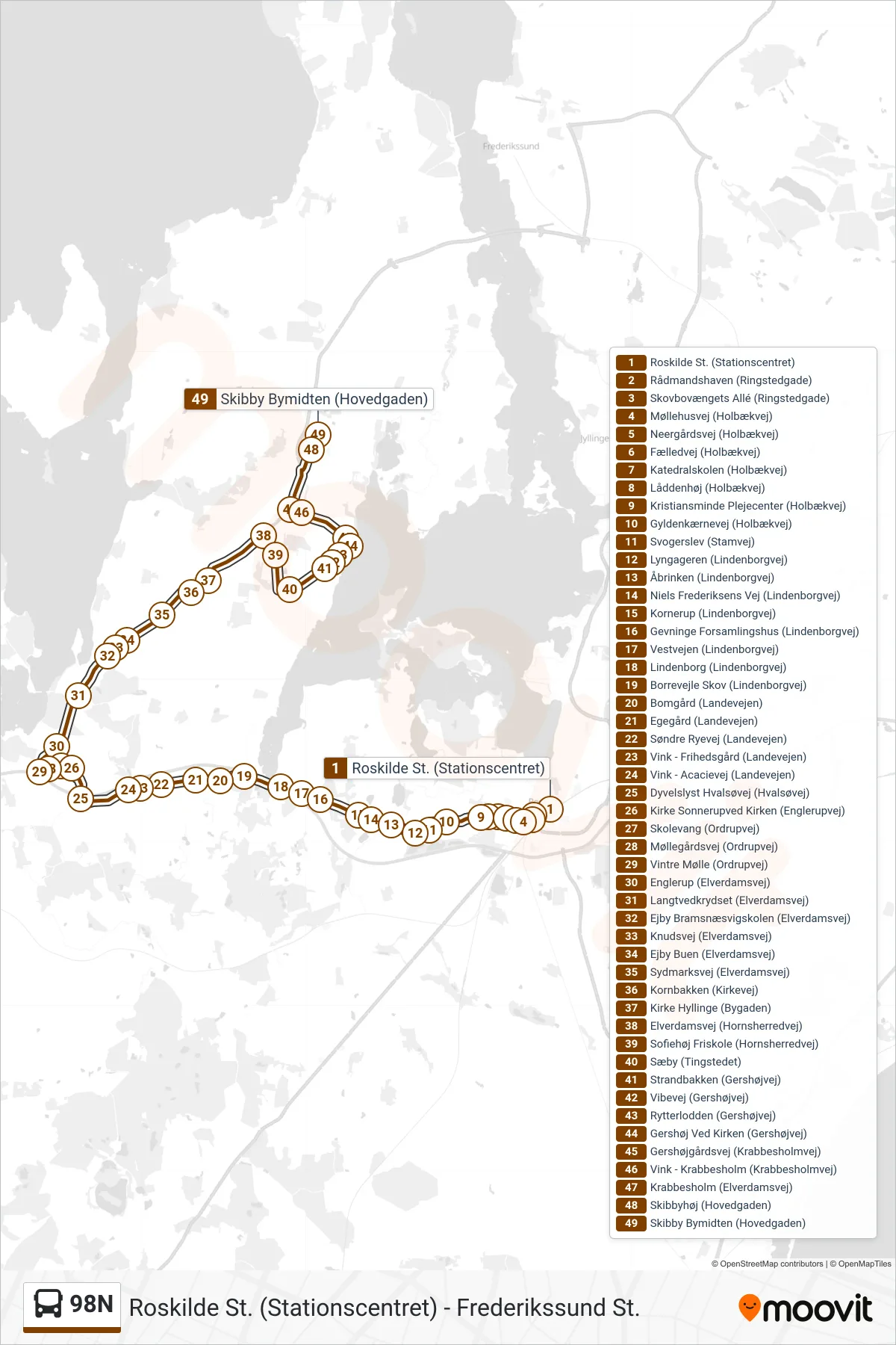 98N bus Linje (Skibby) rute og stop på et kort