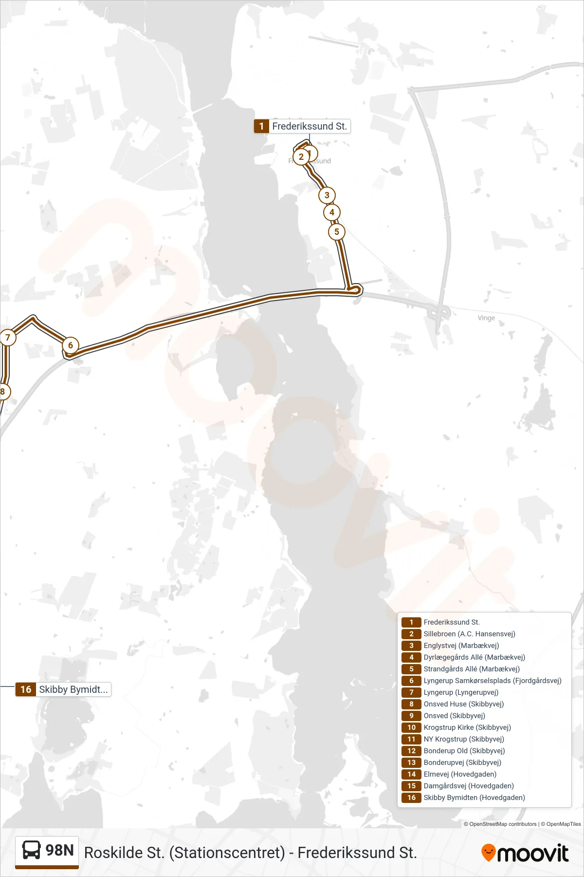 98N bus Linje (Skibby) rute og stop på et kort