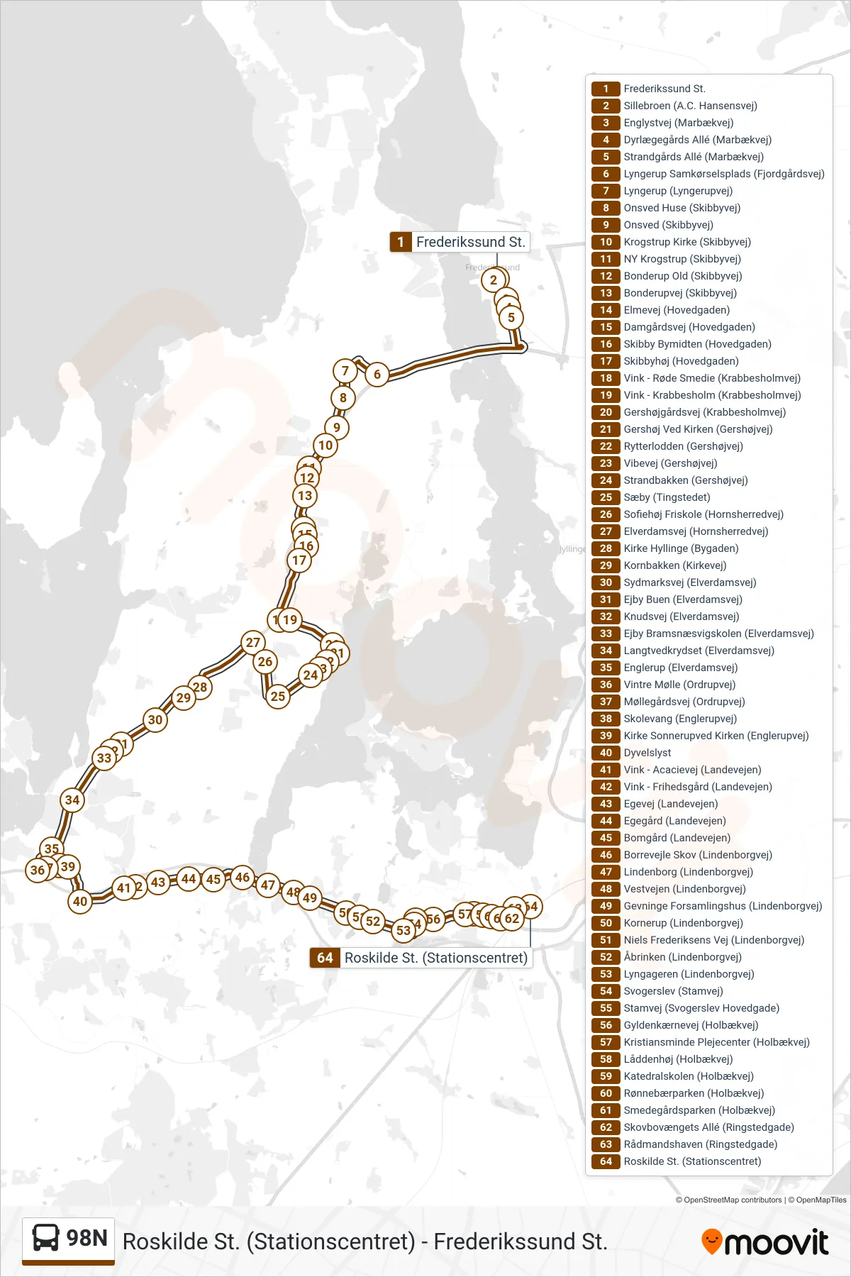98N bus Linje (Roskilde St.) rute og stop på et kort