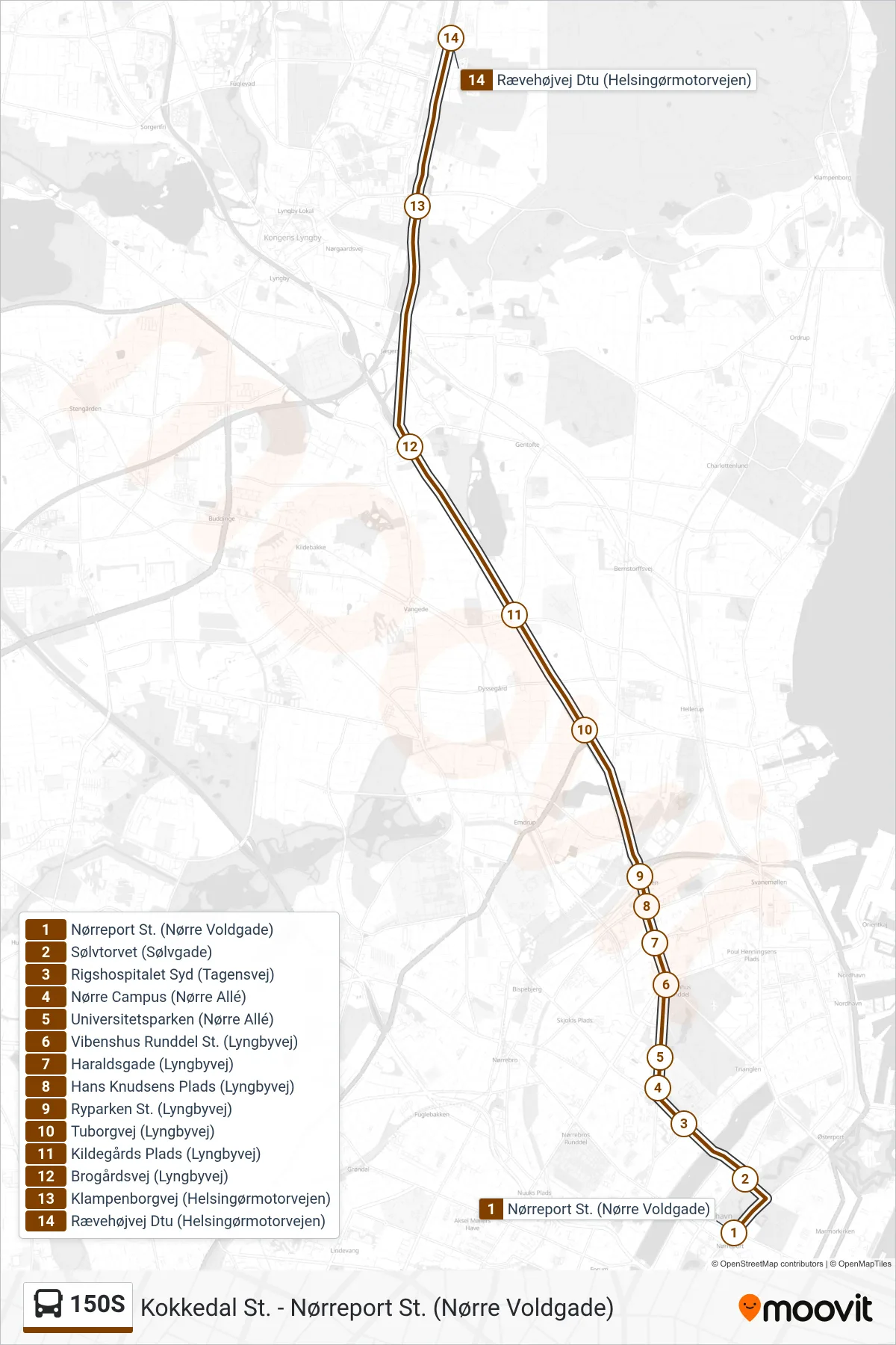 150S bus Linje (Rævehøjvej Dtu) rute og stop på et kort