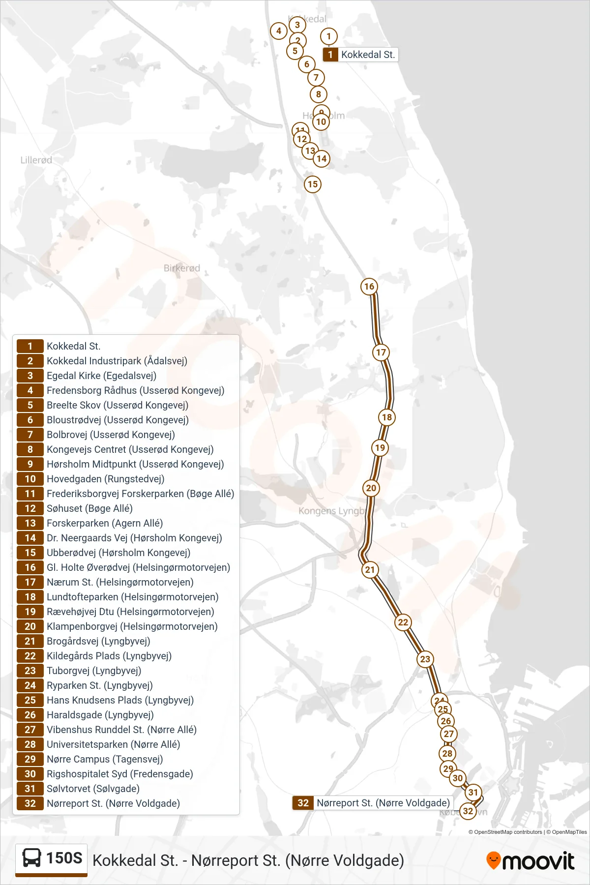 150S bus Linje (Nørreport St.) rute og stop på et kort