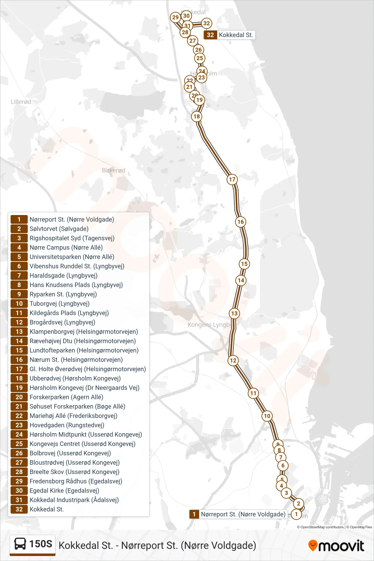 150S bus Linje (Kokkedal St.) rute og stop på et kort