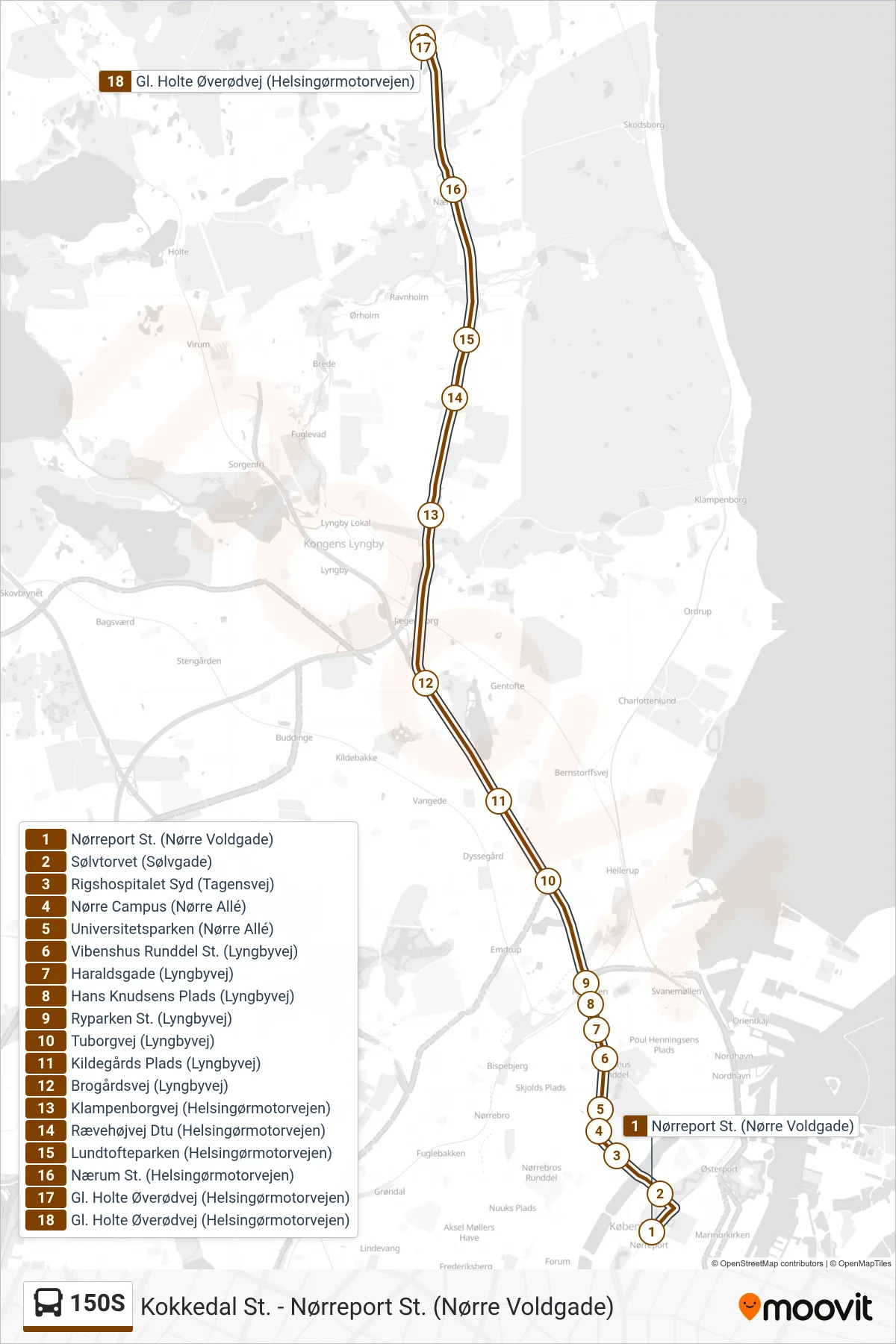 150S bus Line (Gl. Holte Øverødvej) route and stops on a map