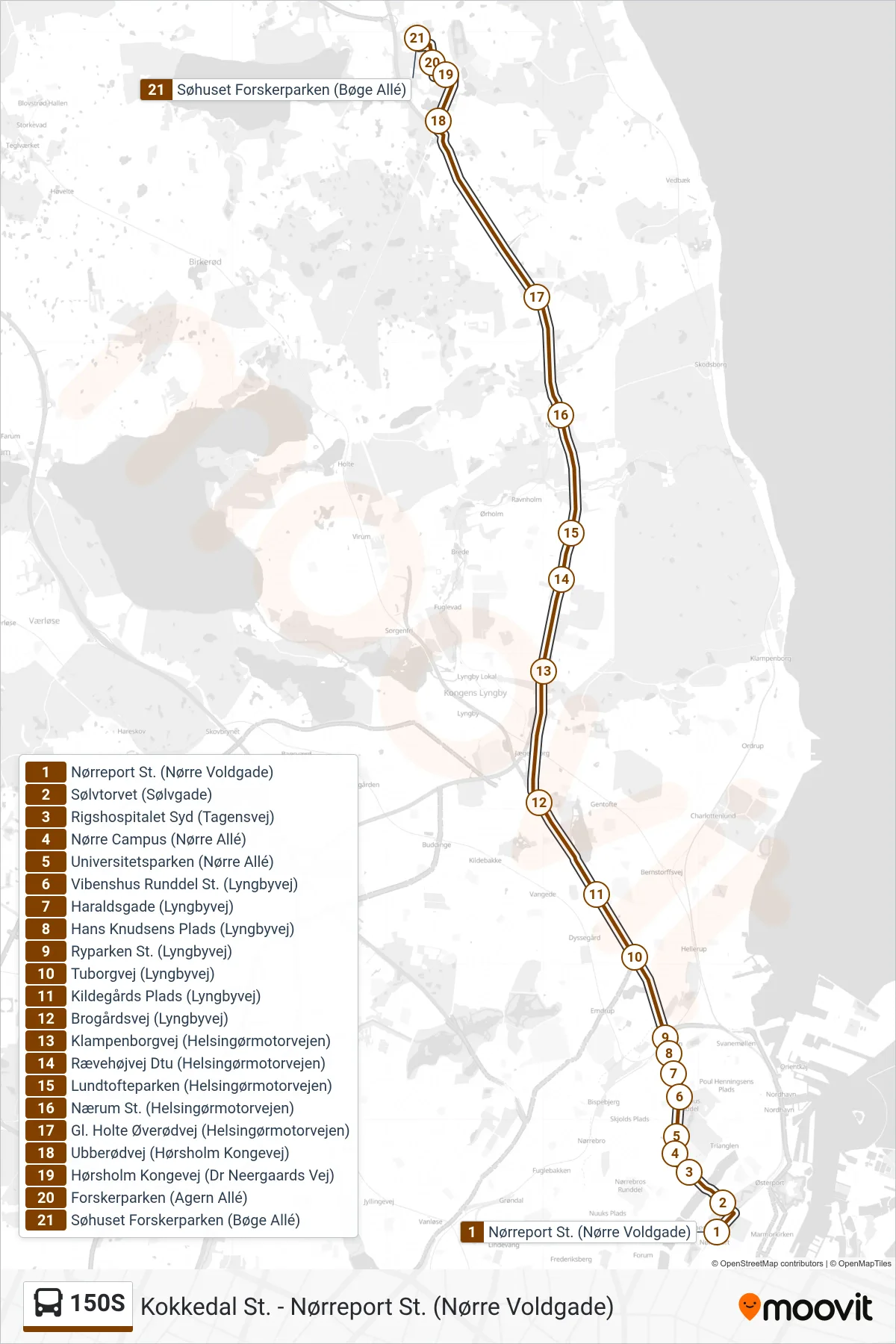 150S bus Linje (Søhuset Forskerparken) rute og stop på et kort